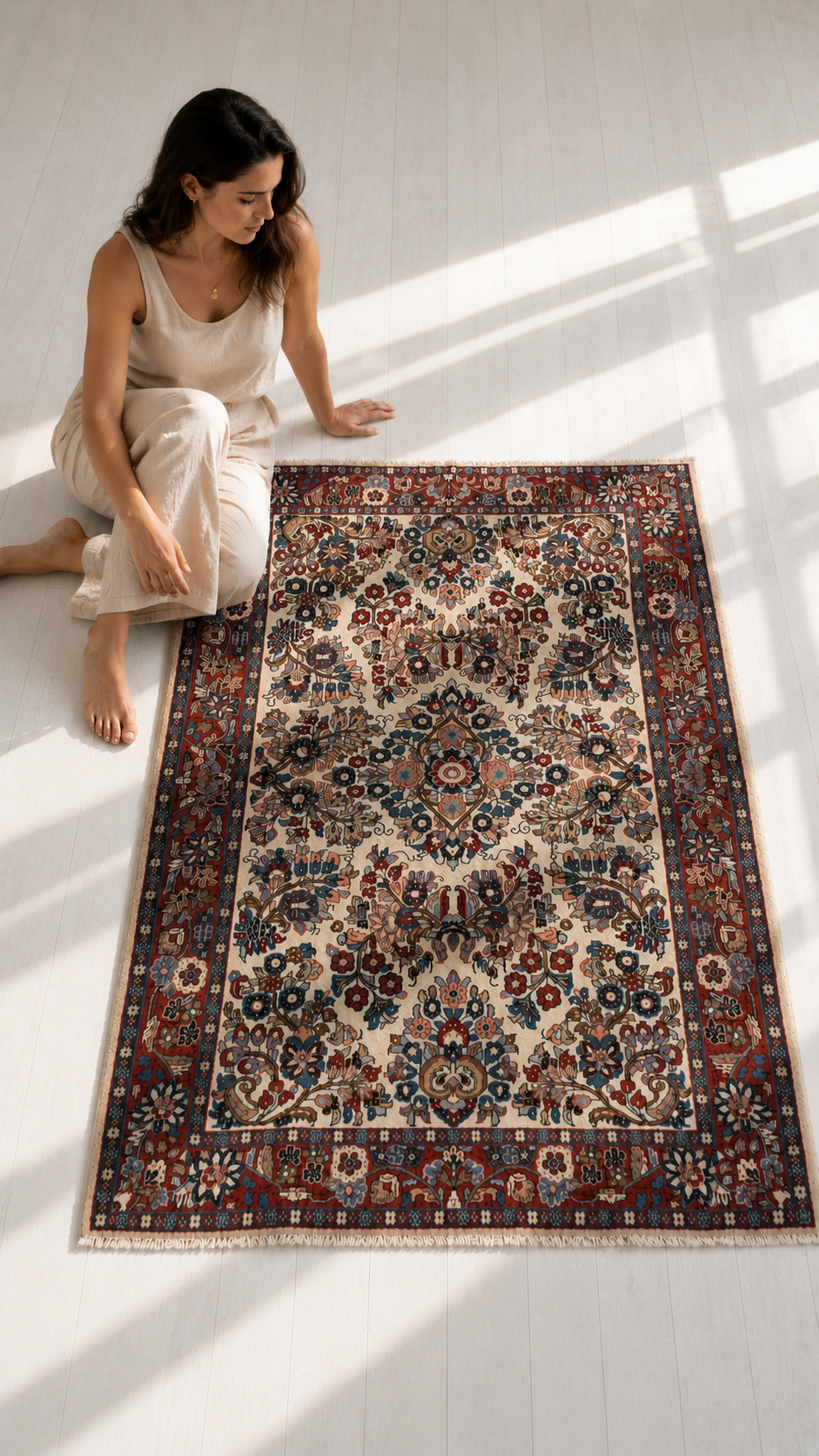 Lifestyle shot of the beige Persian Sarough rug on a sunlit floor beside a seated woman.