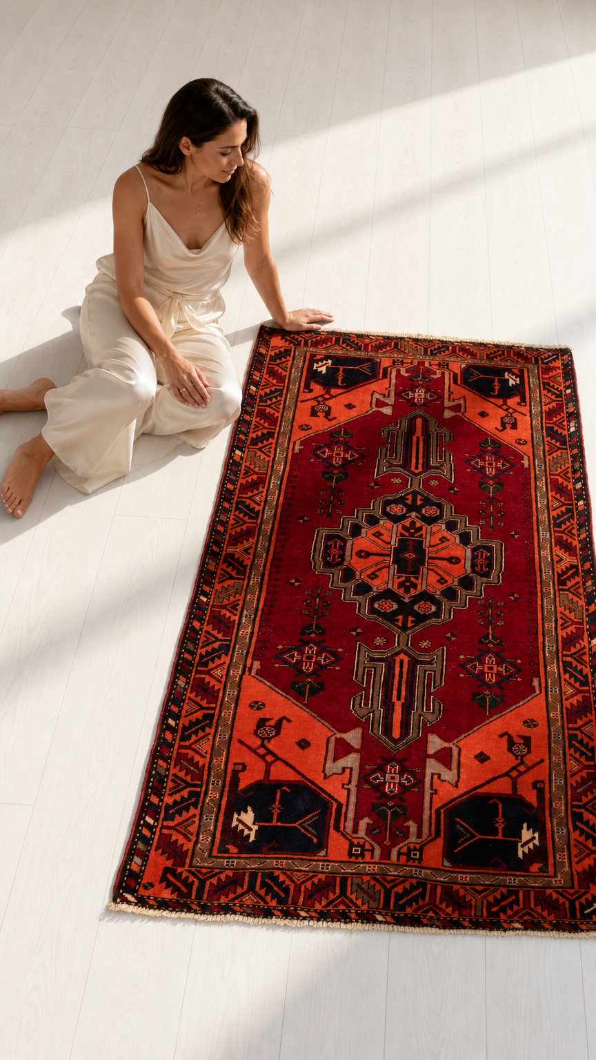 Lifestyle shot of the red and orange rug on a sunlit floor beside a seated woman.