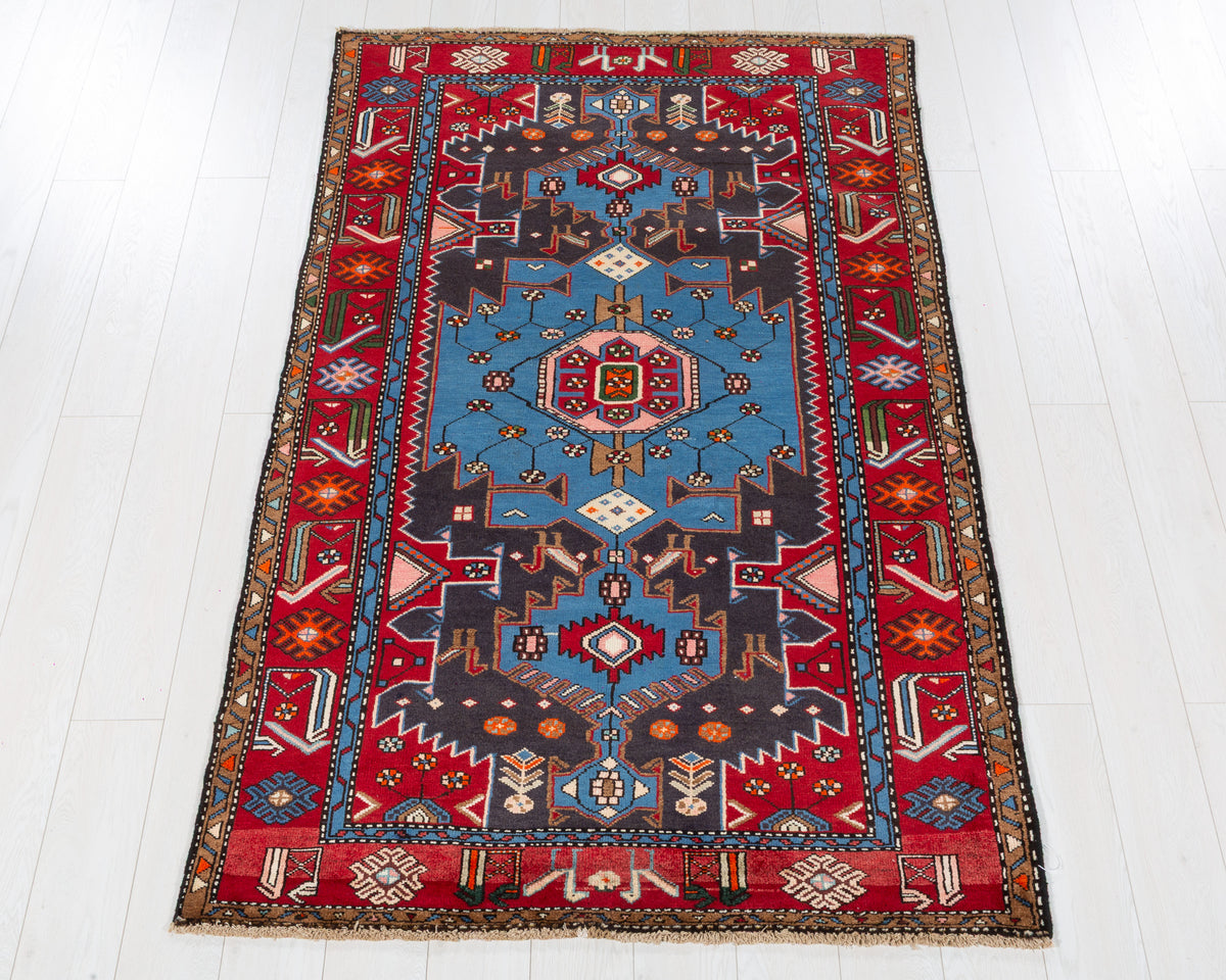 Vintage Tarom Turquoise blue, navy blue, red hand-knotted wool rug, SKU 5593