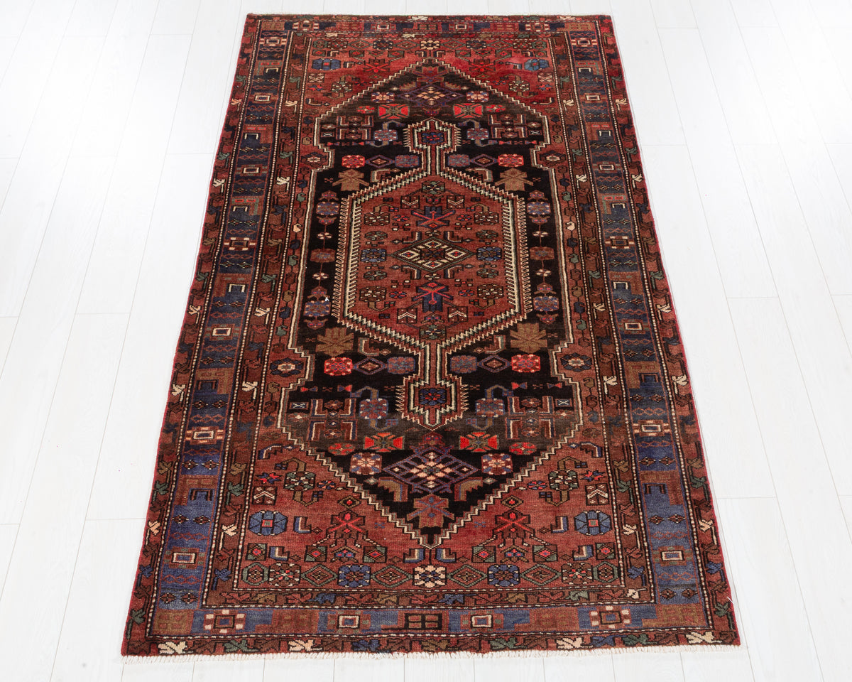 Vintage Zanjan Rust red, black hand-knotted wool rug, SKU 5606