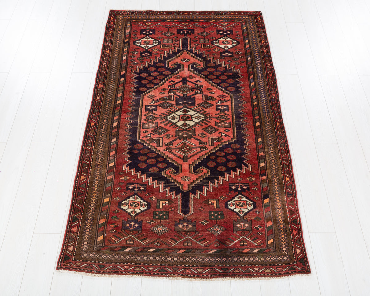 Vintage Zanjan Rust red, salmon pink, brown hand-knotted wool rug, SKU 5607