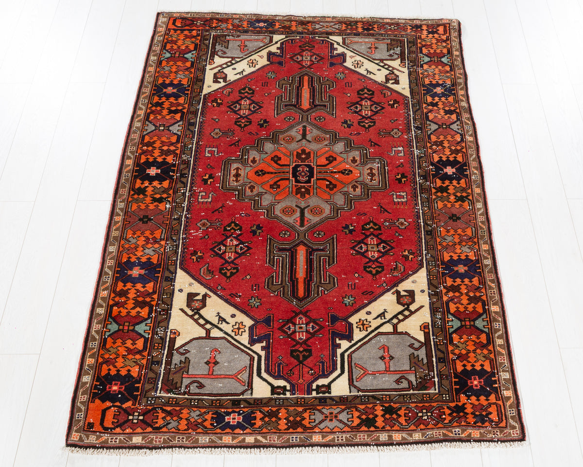 Vintage Zanjan Red, orange hand-knotted wool rug, SKU 5617