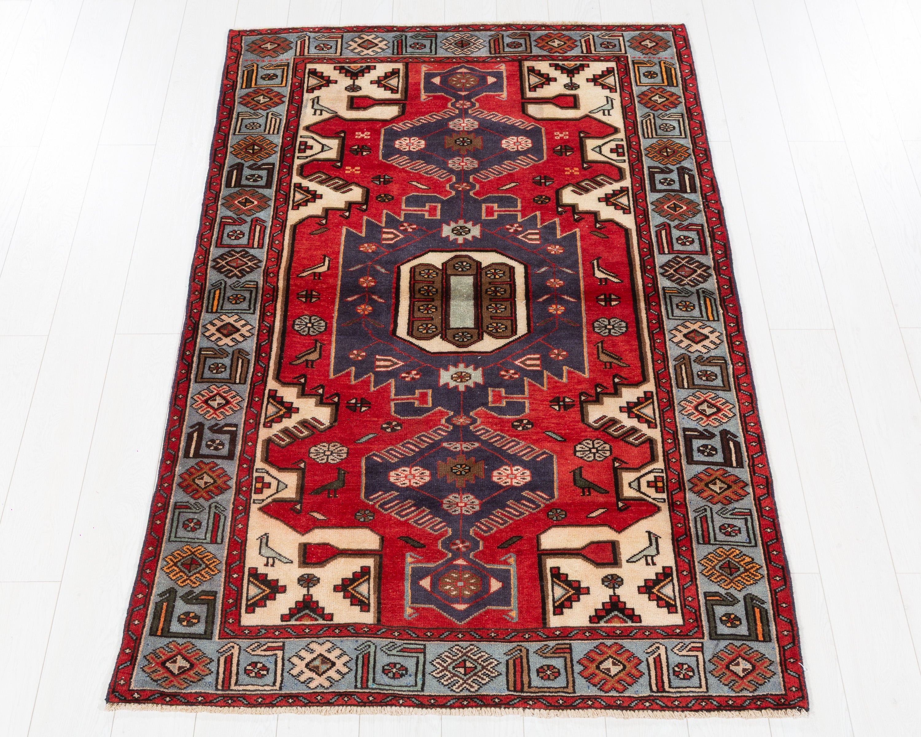 Vintage Zanjan Red, turquoise blue hand-knotted wool rug, SKU 5622