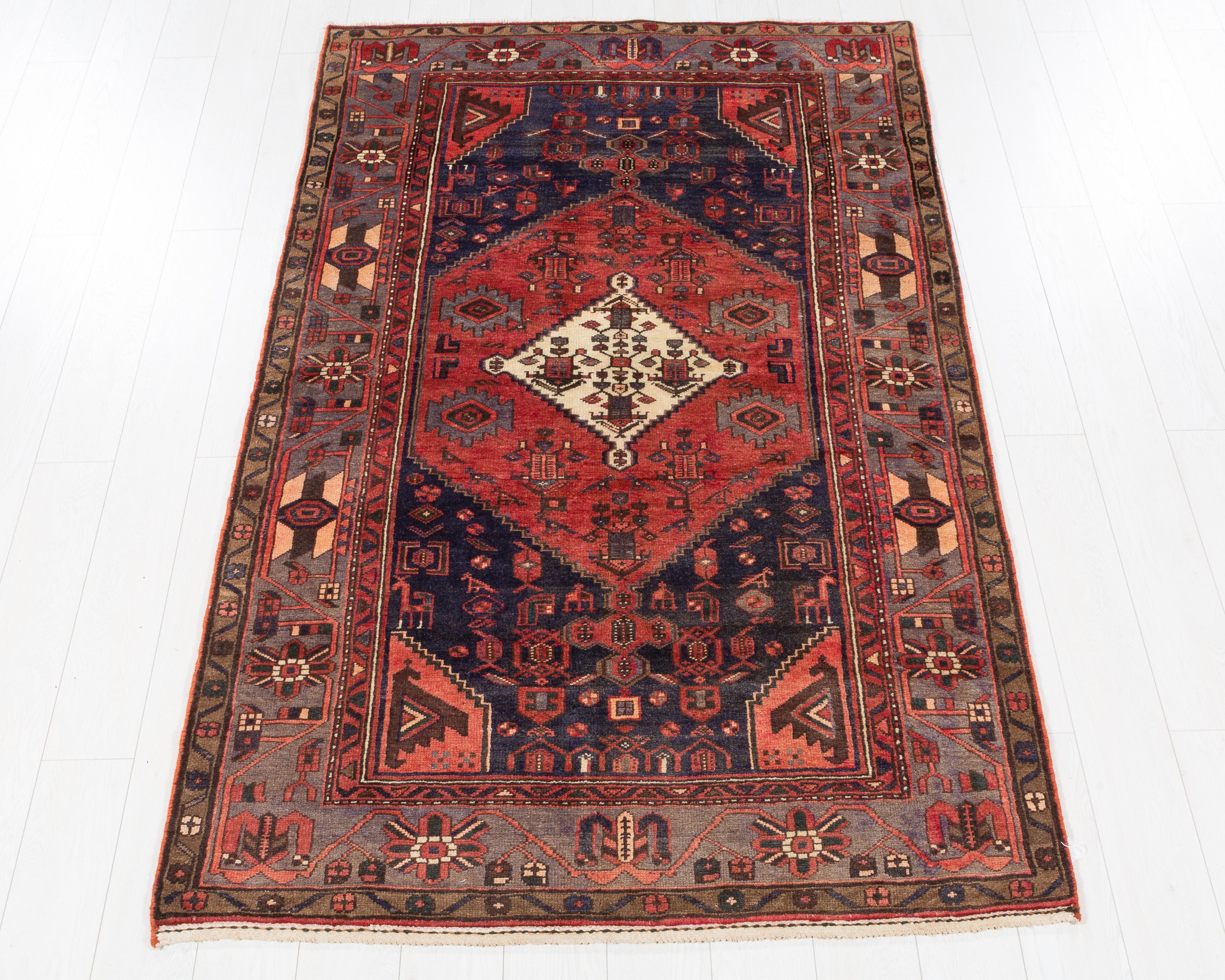 Vintage Zanjan Red, navy blue, gray hand-knotted wool rug, SKU 5624