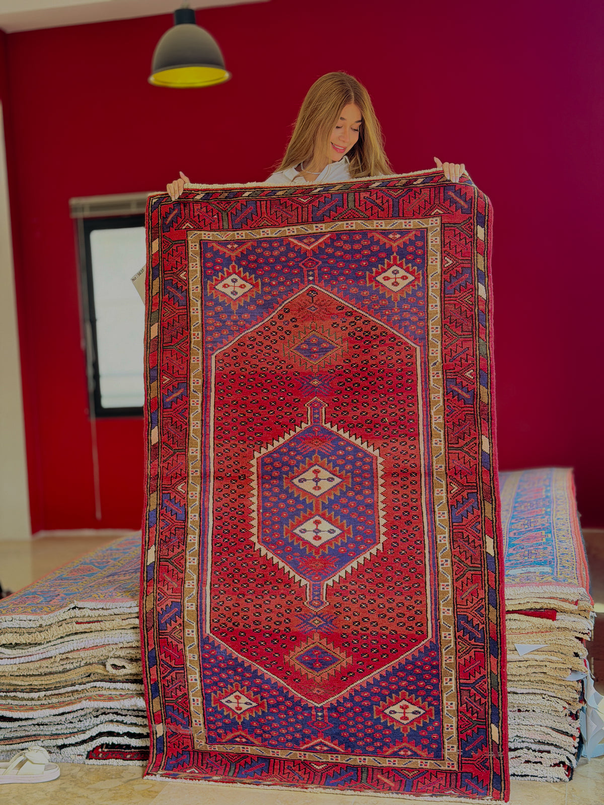 Vintage Rust Red, Navy Blue Geometric Area Rug – 6' 4" x 3' 8" (192 x 113 cm)