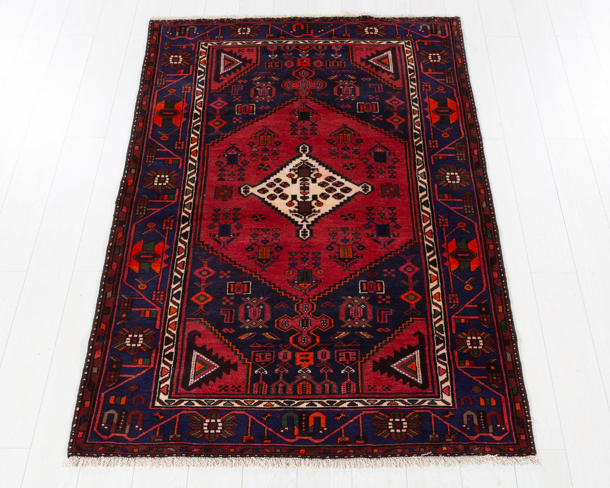 Vintage Zanjan Deep Navy Blue Red, Orange hand-knotted wool rug, SKU 5643