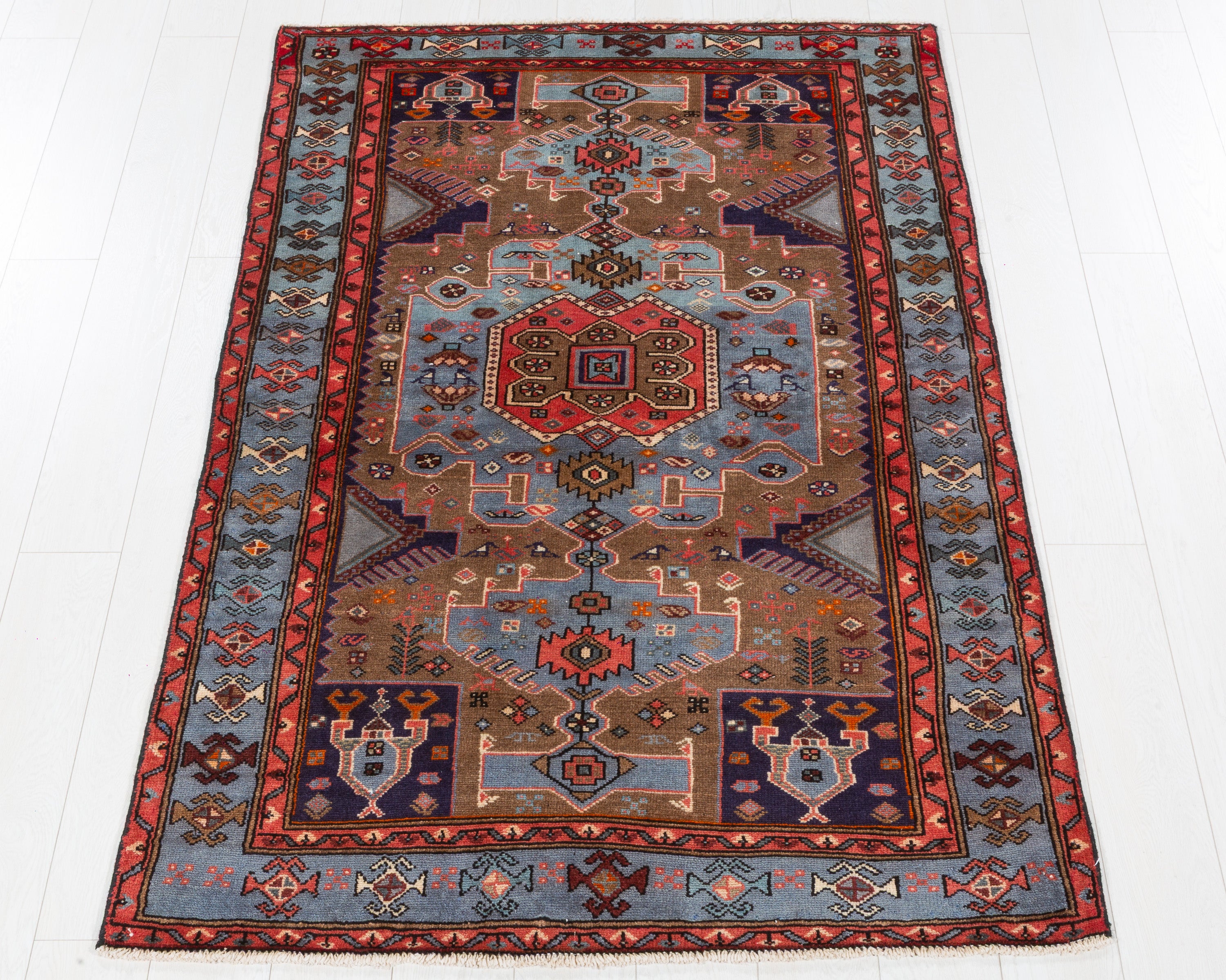 Collectible Vintage Tarom Brown, Turquoise Blue hand-knotted wool rug, SKU 5661