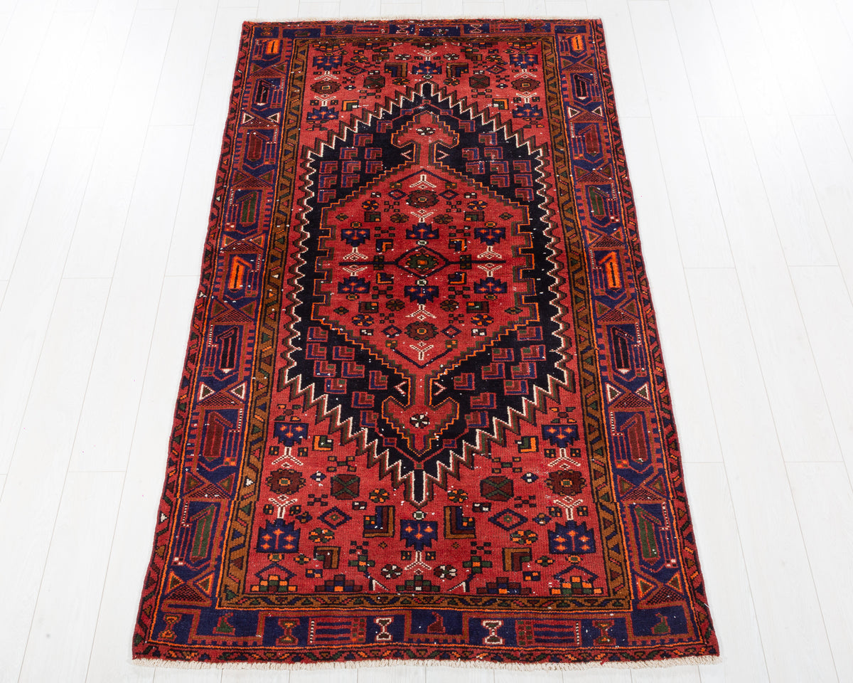 Vintage Zanjan Rust Red, Deep Navy Blue hand-knotted wool rug, SKU 5663