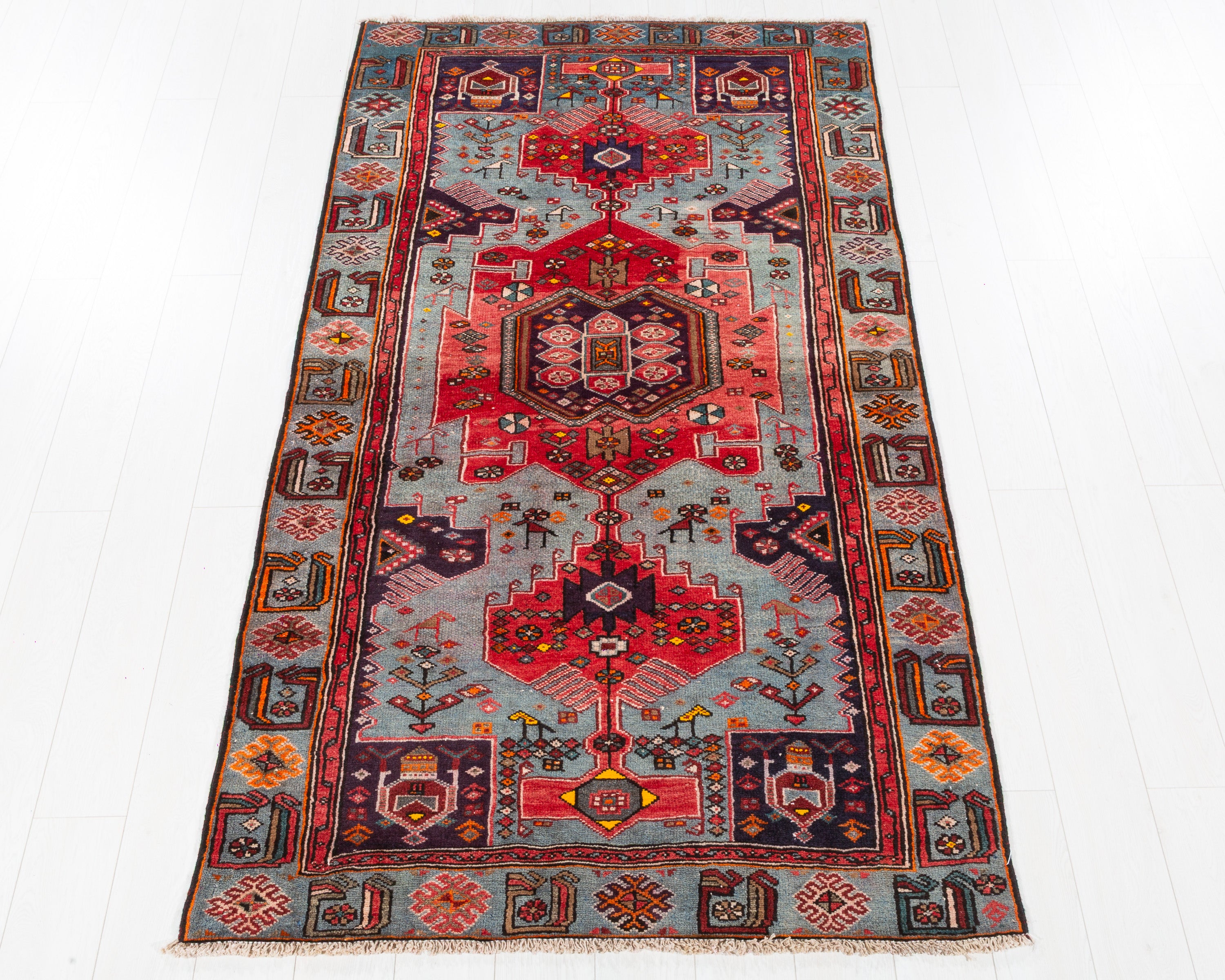 Collectible Vintage Tarom Red, Turquoise Blue hand-knotted wool rug, SKU 5673