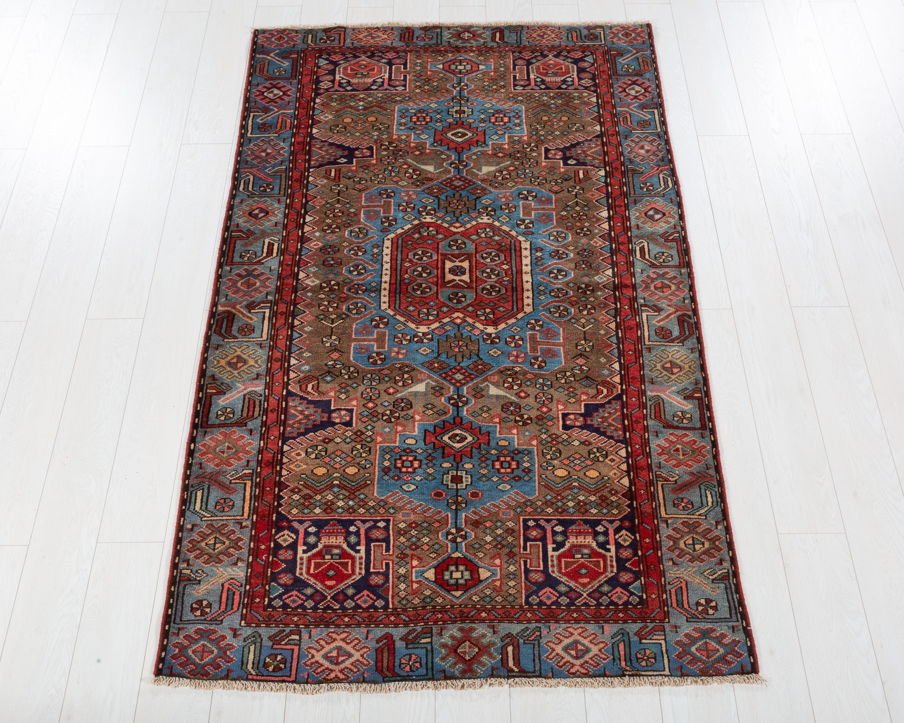 Collectible Vintage Tarom Brown, Turquoise Blue hand-knotted wool rug, SKU 5676