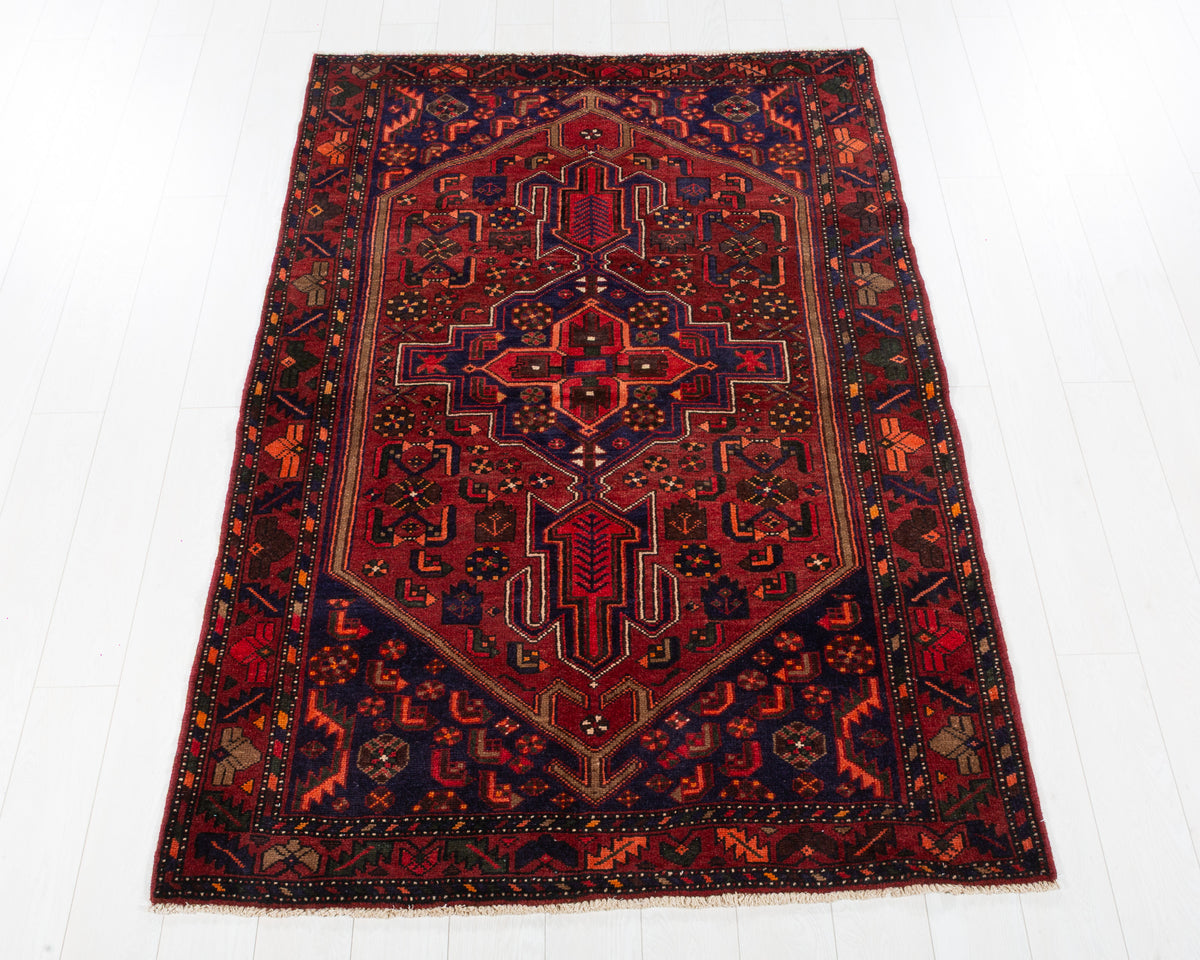 Collectible Vintage Zanjan Rust Red, Navy Blue hand-knotted wool rug, SKU 5681