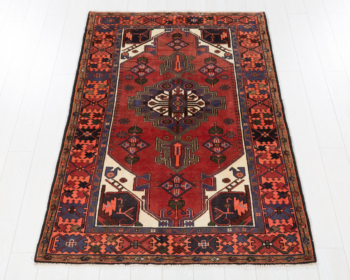 Vintage Zanjan Rust Red, Navy Blue hand-knotted wool rug, SKU 5691