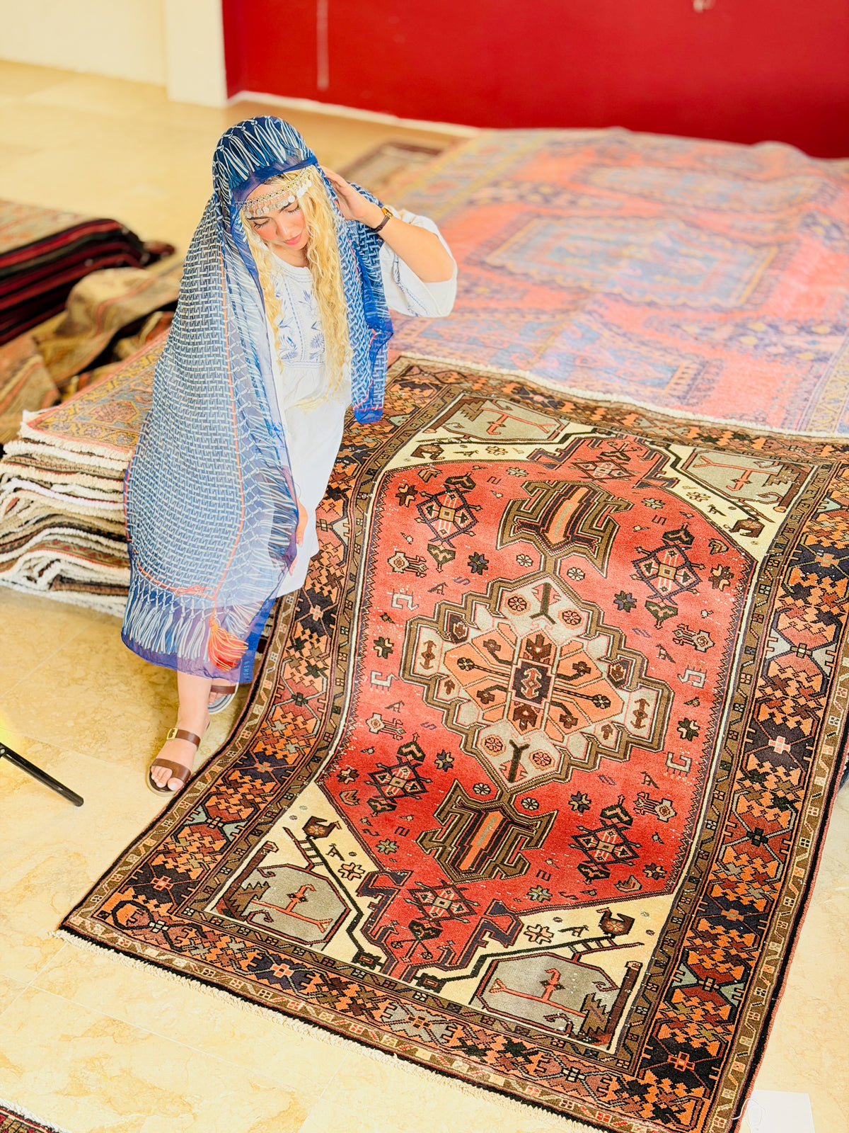 Vintage Coral, Orange Geometric Medallion Area Rug – 6' 4" x 4' 3" (194 x 130 cm)
