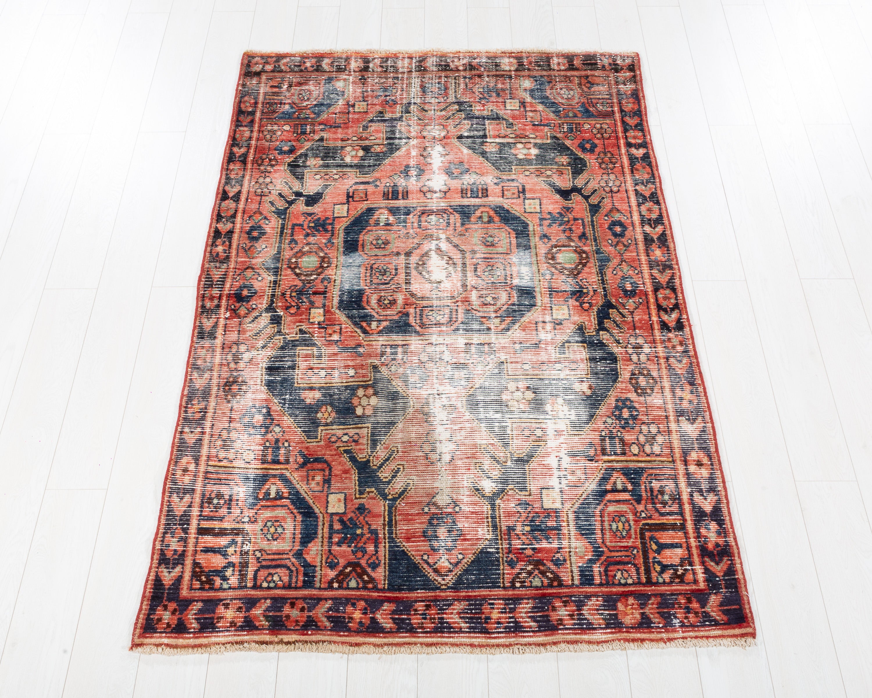 Collectible Vintage Malayer Faded Red, Navy Blue hand-knotted wool rug, SKU 5699