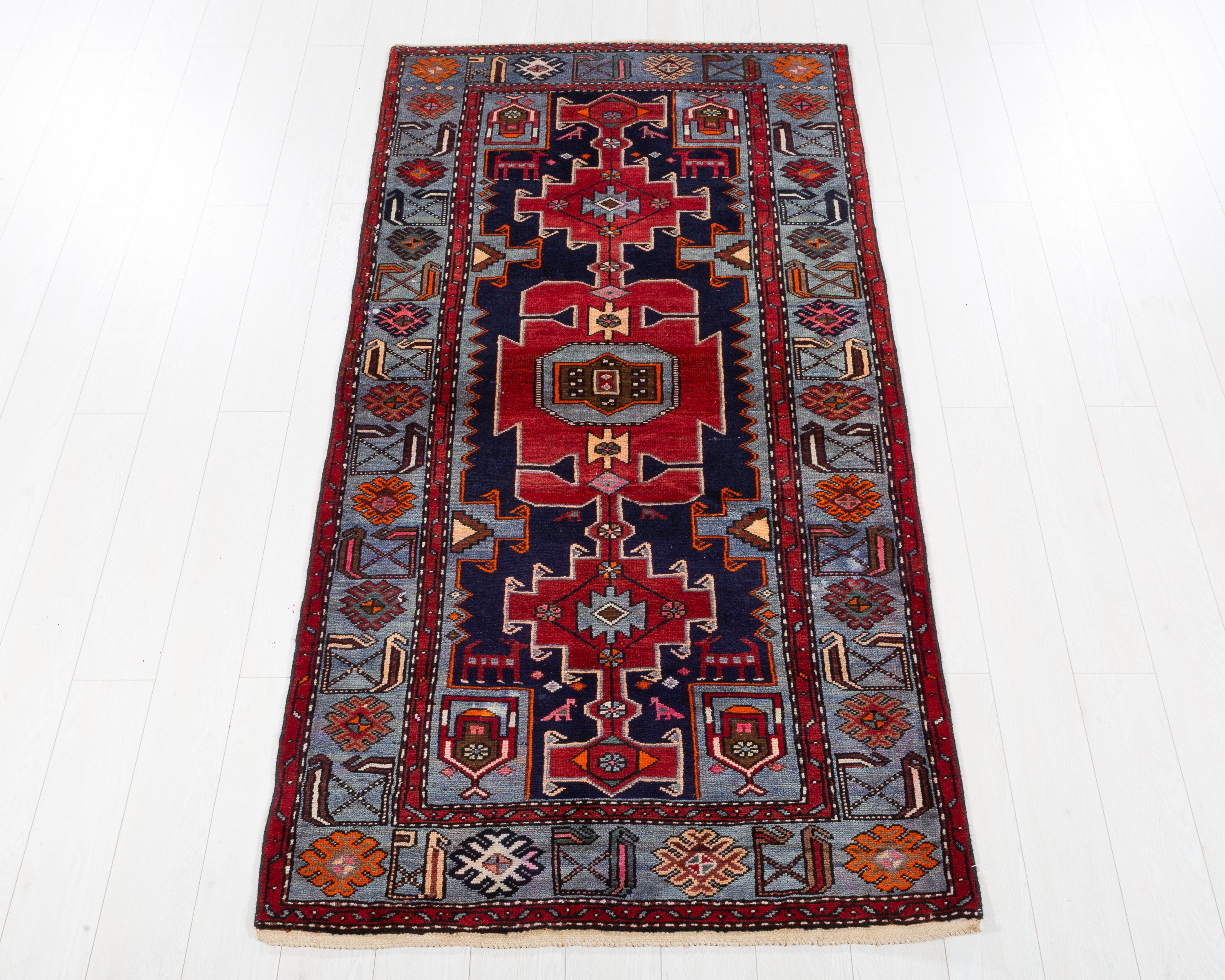 Collectible Vintage Zanjan Red, Navy Blue hand-knotted wool rug, SKU 5713