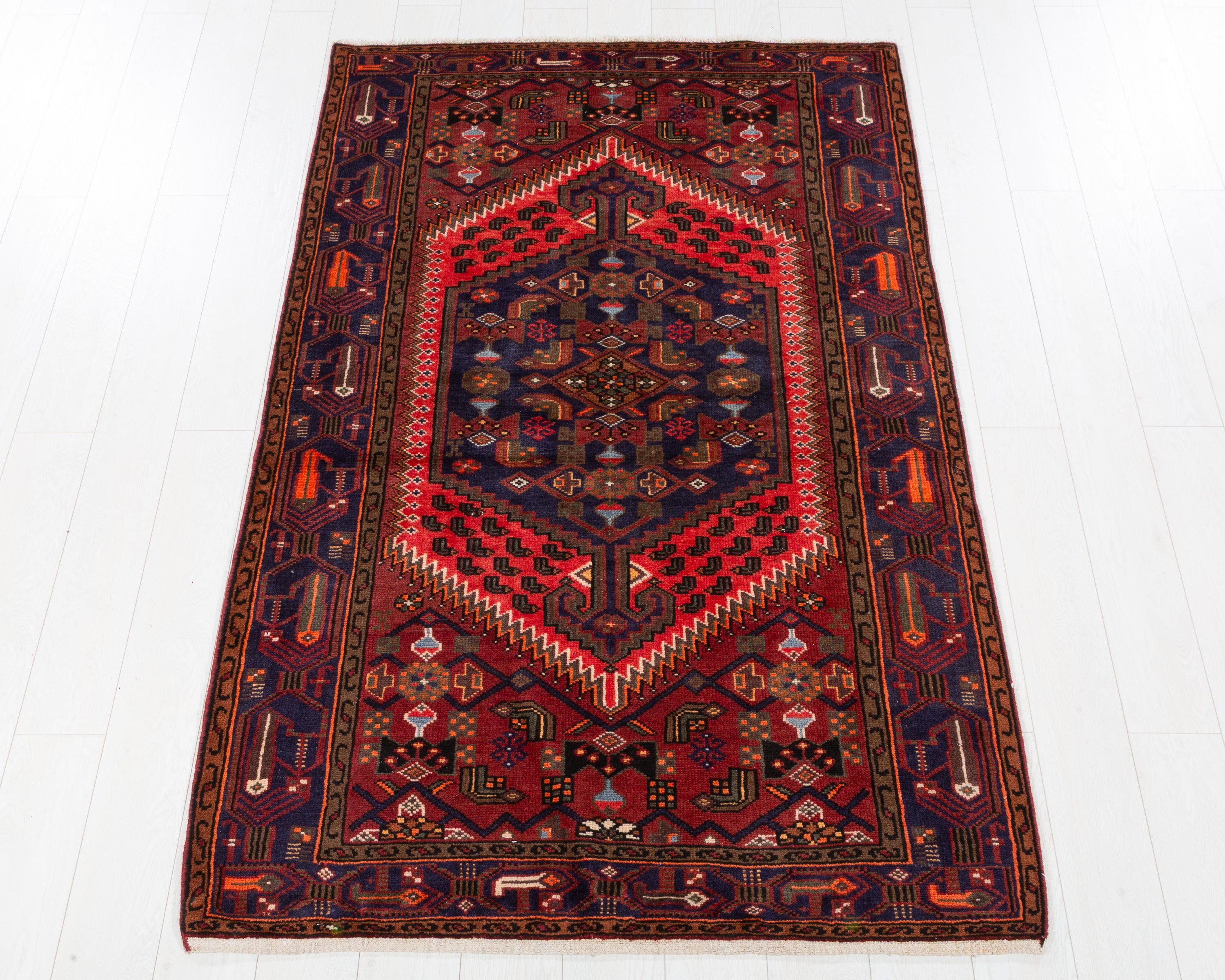 Collectible Vintage Zanjan Navy Blue, Coral hand-knotted wool rug, SKU 5716