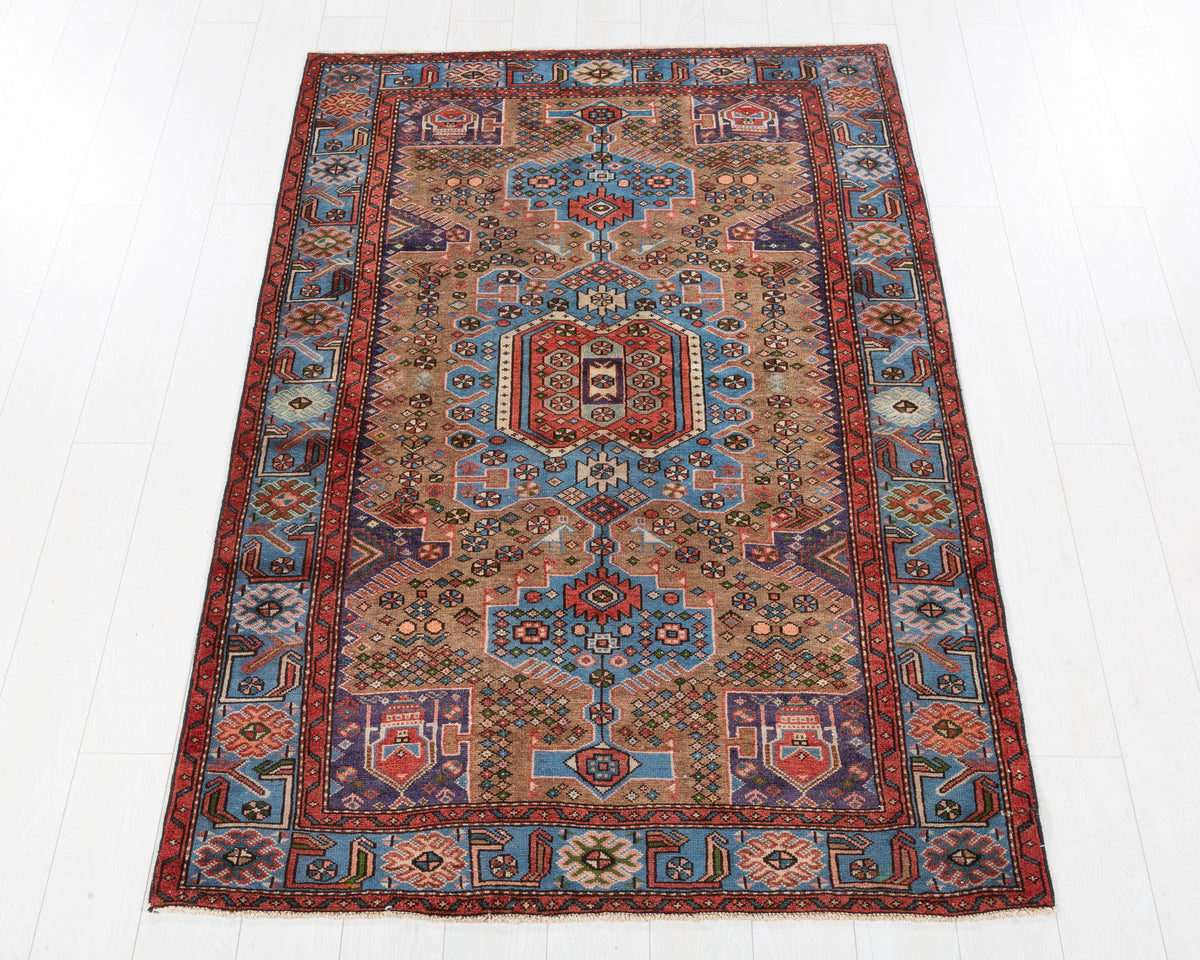 Collectible Vintage Tarom Brown, Turquoise Blue hand-knotted wool rug, SKU 5717