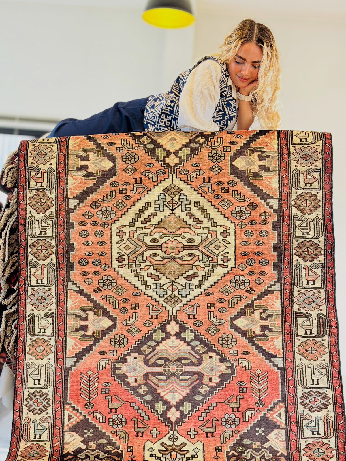 Collectible Vintage Coral Red, Beige Triple Medallion Area Rug – 6' 9" x 4' 1" (206 x 124 cm)
