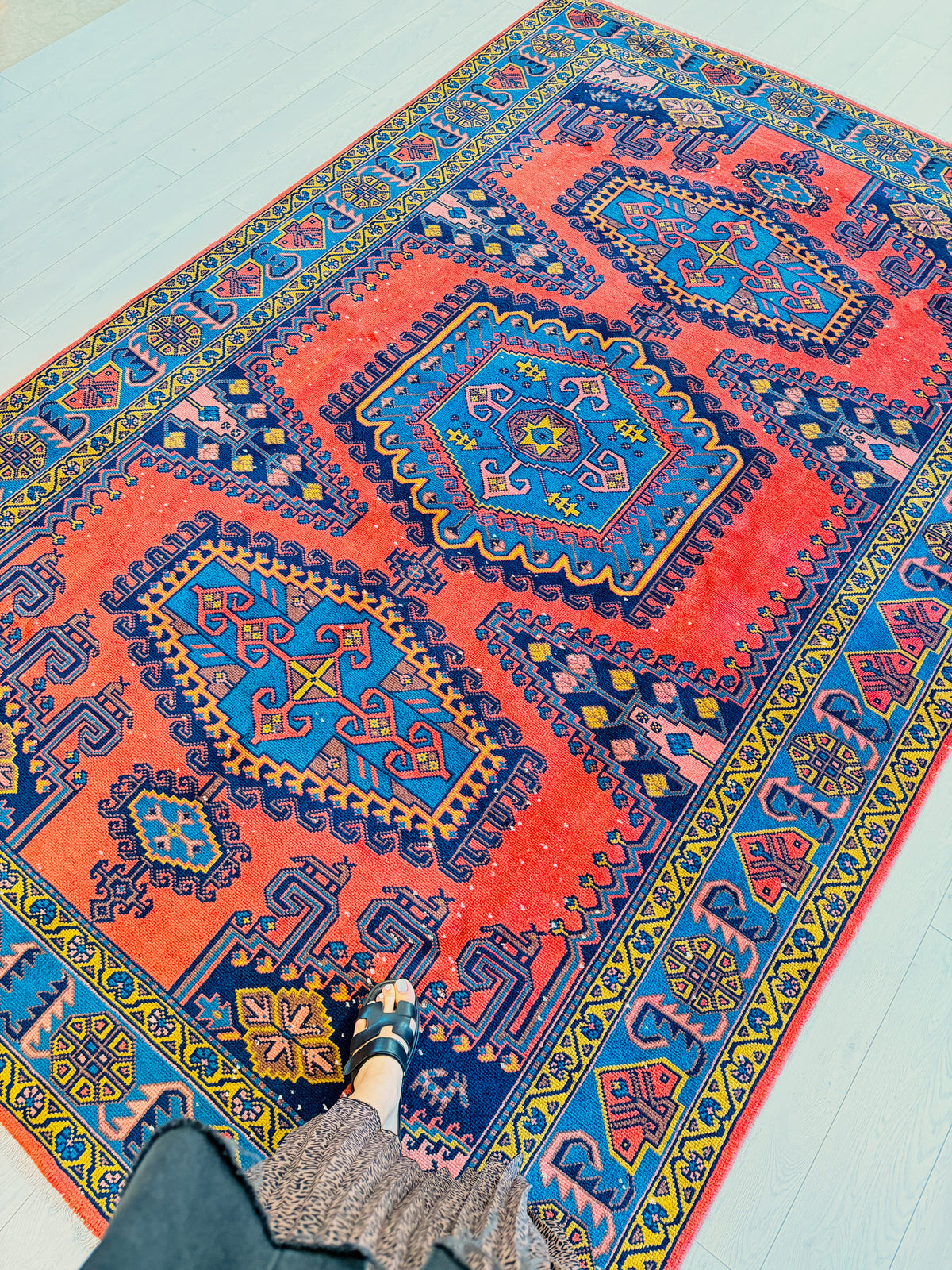 Collectible Vintage Orange-red and blue Geometric Rug – 10' 1" x 6' 6" (308 x 198 cm)