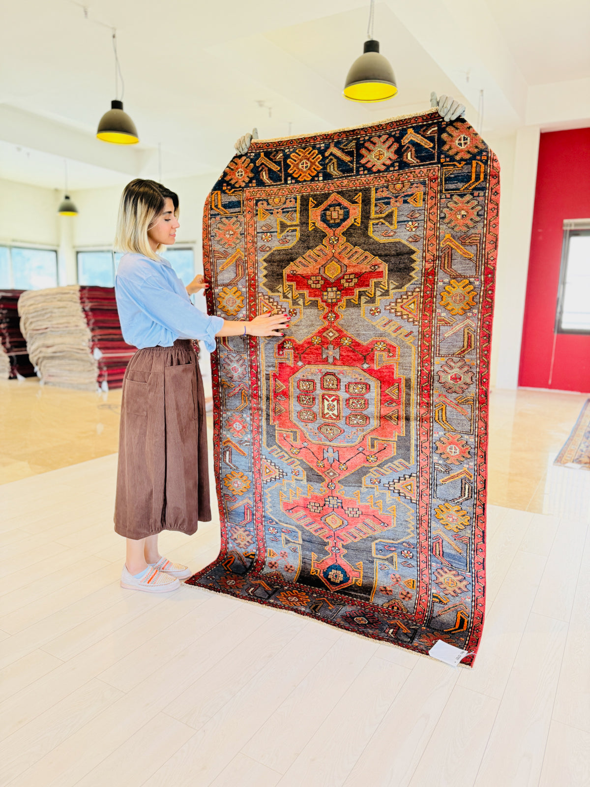 Collectible Vintage Red and blue Geometric Rug – 6' 10" x 4' 0" (209 x 122 cm)
