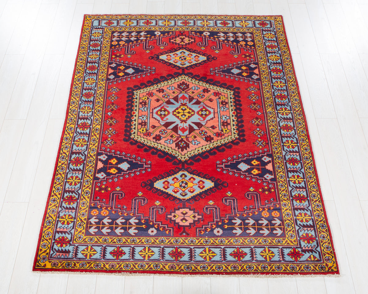 Vintage Viss Orange Red, pink and yellow hand-knotted wool rug, SKU 6077