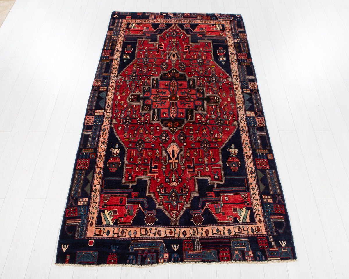 Vintage Kurdish Red and navy blue hand-knotted wool rug, SKU 6082