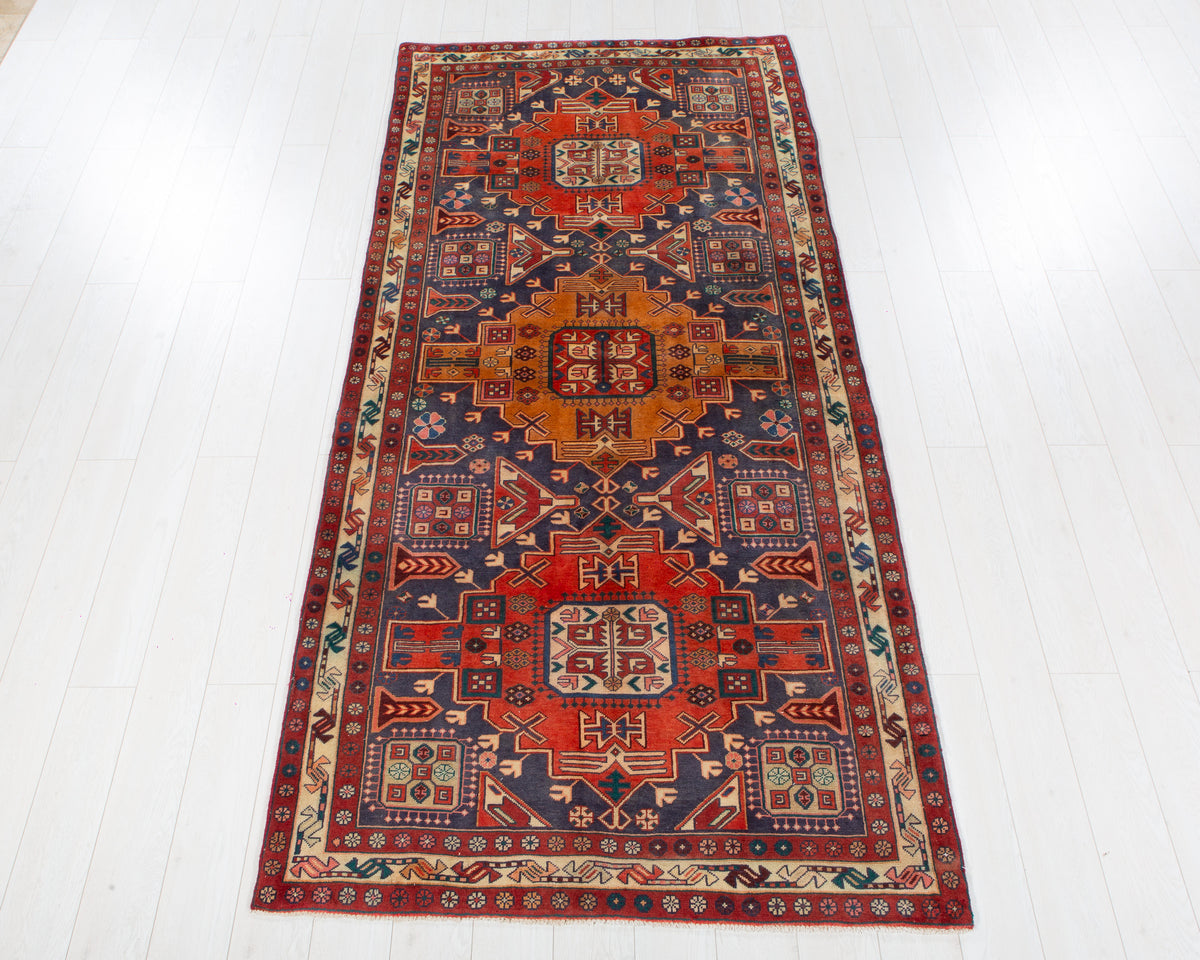 Vintage Azerbaijan Navy Blue, red and brown hand-knotted wool rug, SKU 6083