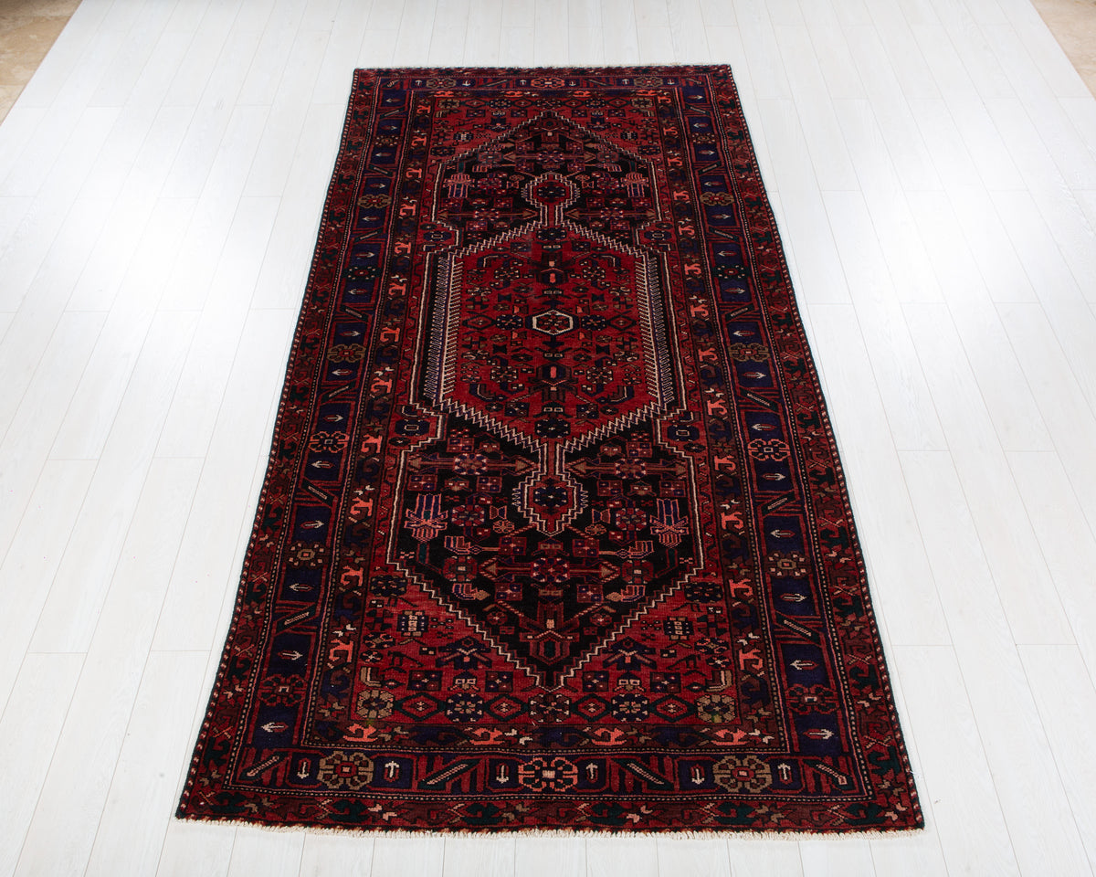 Vintage Zanjan Black, red and navy blue hand-knotted wool rug, SKU 6085