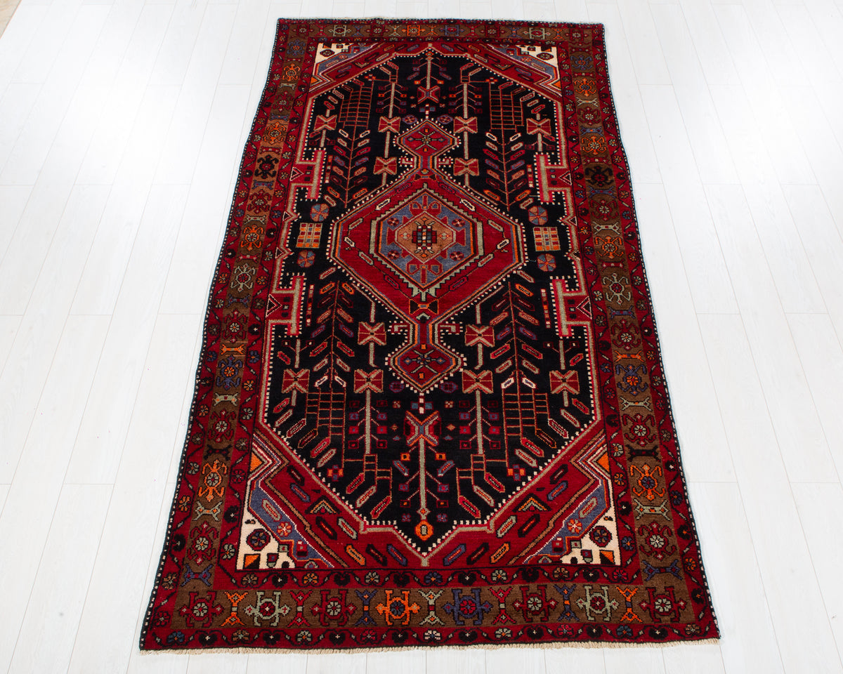 Vintage Lori Deep navy blue, red and brown hand-knotted wool rug, SKU 6092