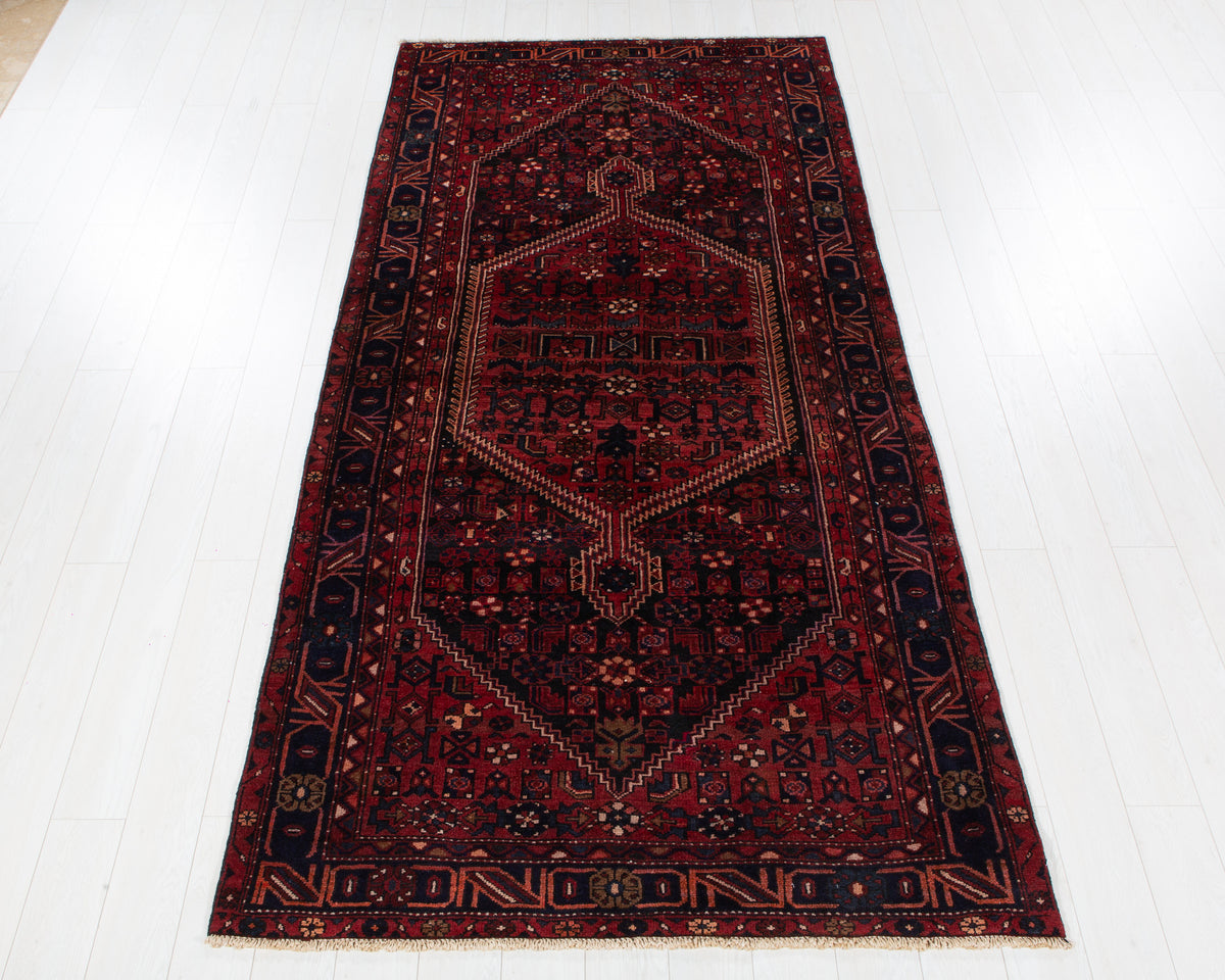 Vintage Zanjan Black, rust red and navy blue hand-knotted wool rug, SKU 6093