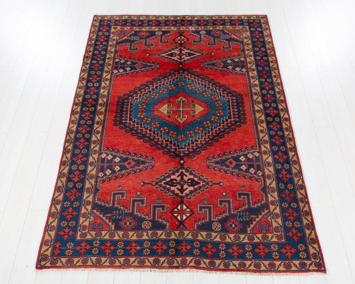 Vintage Viss Orange Red and blue hand-knotted wool rug, SKU 6096