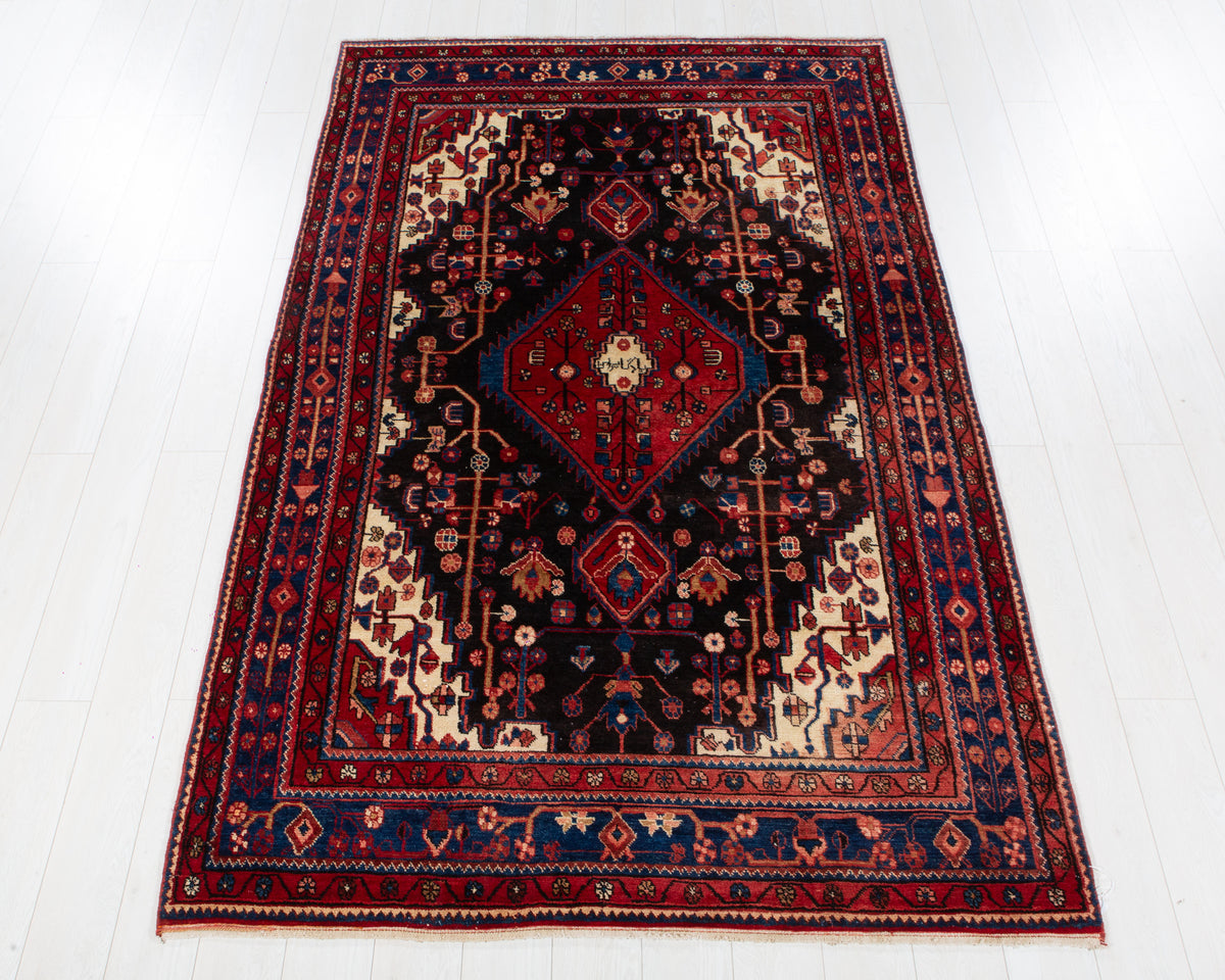 Vintage Nahavand Black, red and blue hand-knotted wool rug, SKU 6097
