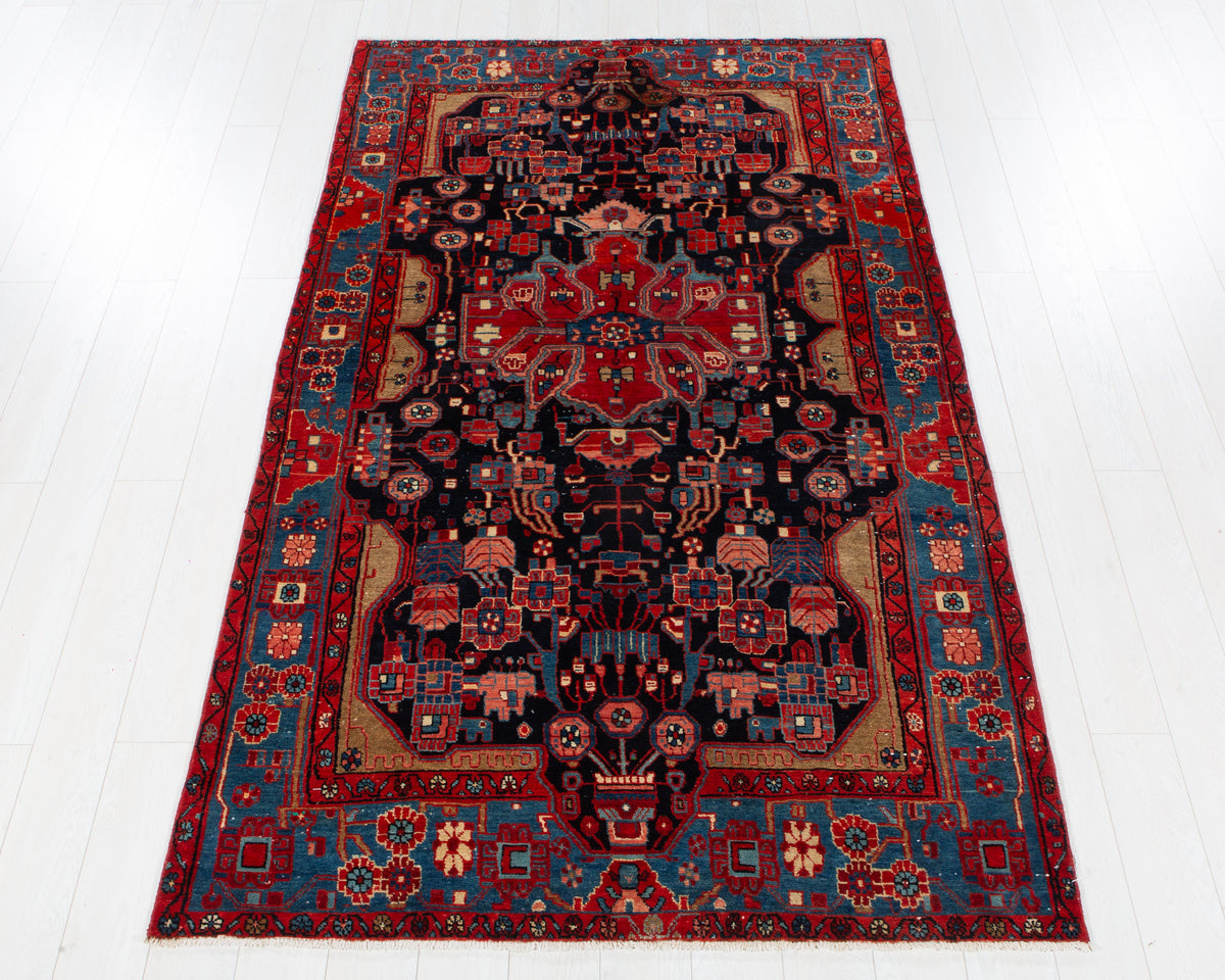 Antique Nahavand Deep navy blue, red and blue hand-knotted wool rug, SKU 6099