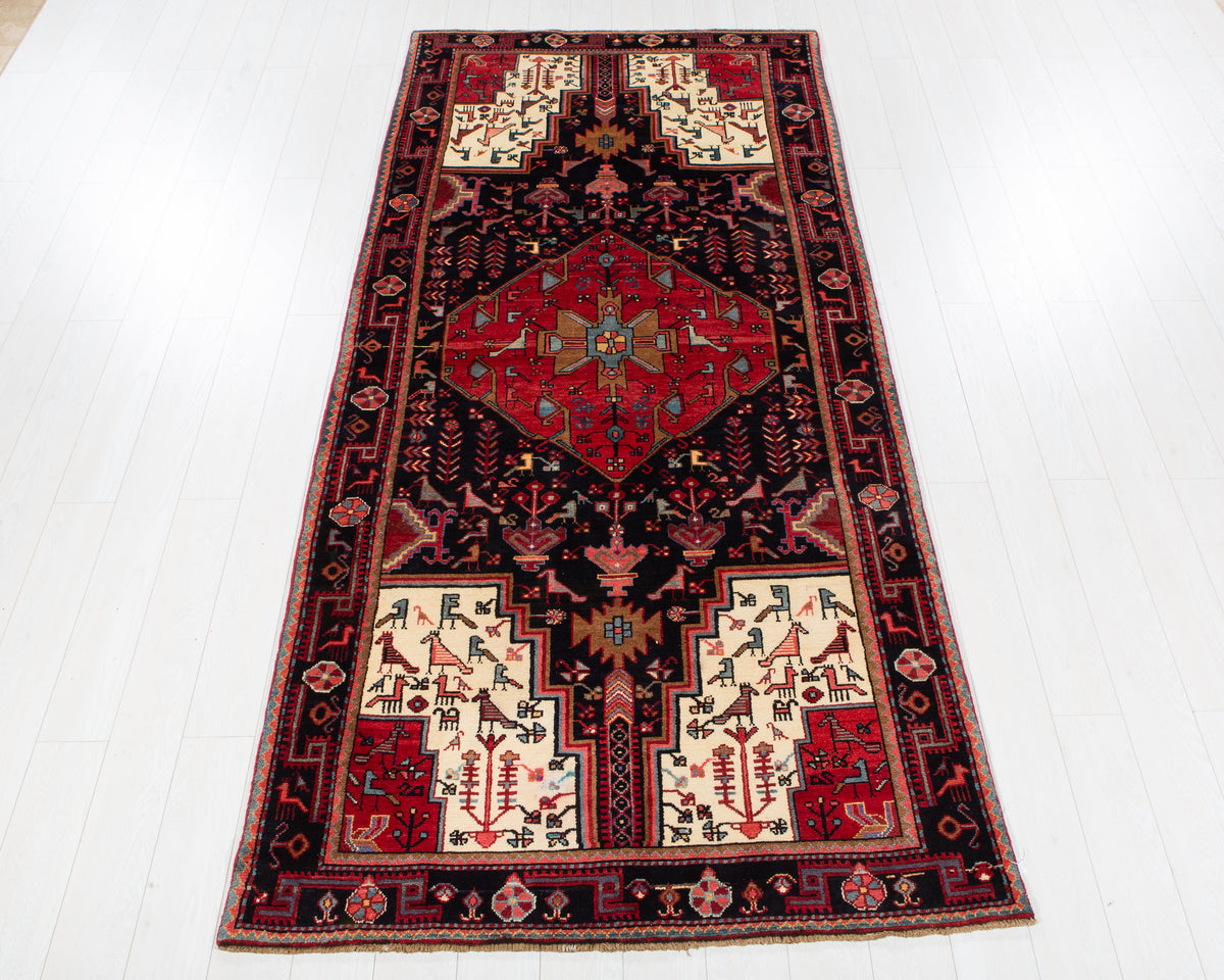 Vintage Nahavand Deep navy blue, red and beige hand-knotted wool rug, SKU 6100
