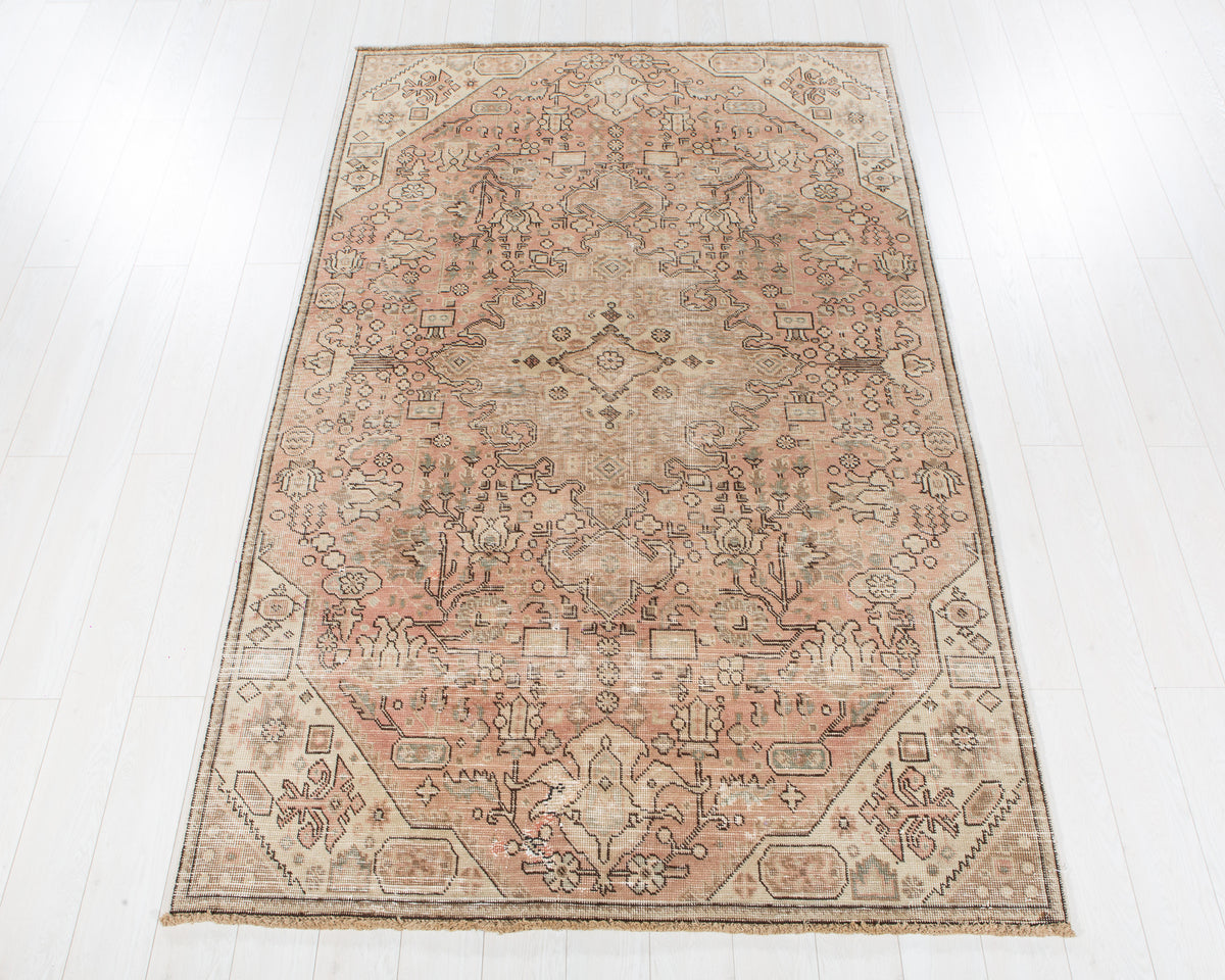Antique Tabriz faded soft pink and earth tones hand-knotted wool rug, SKU 6101