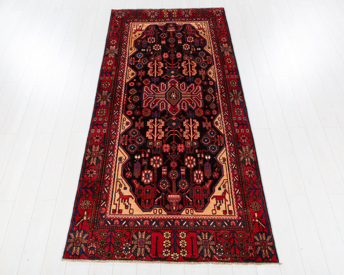 Vintage Nahavand Black and rust orange hand-knotted wool rug, SKU 6102