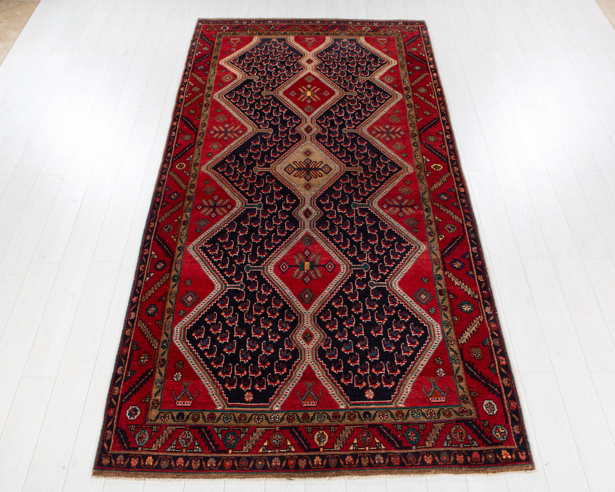 Vintage Kurdish Deep navy blue and red hand-knotted wool rug, SKU 6106