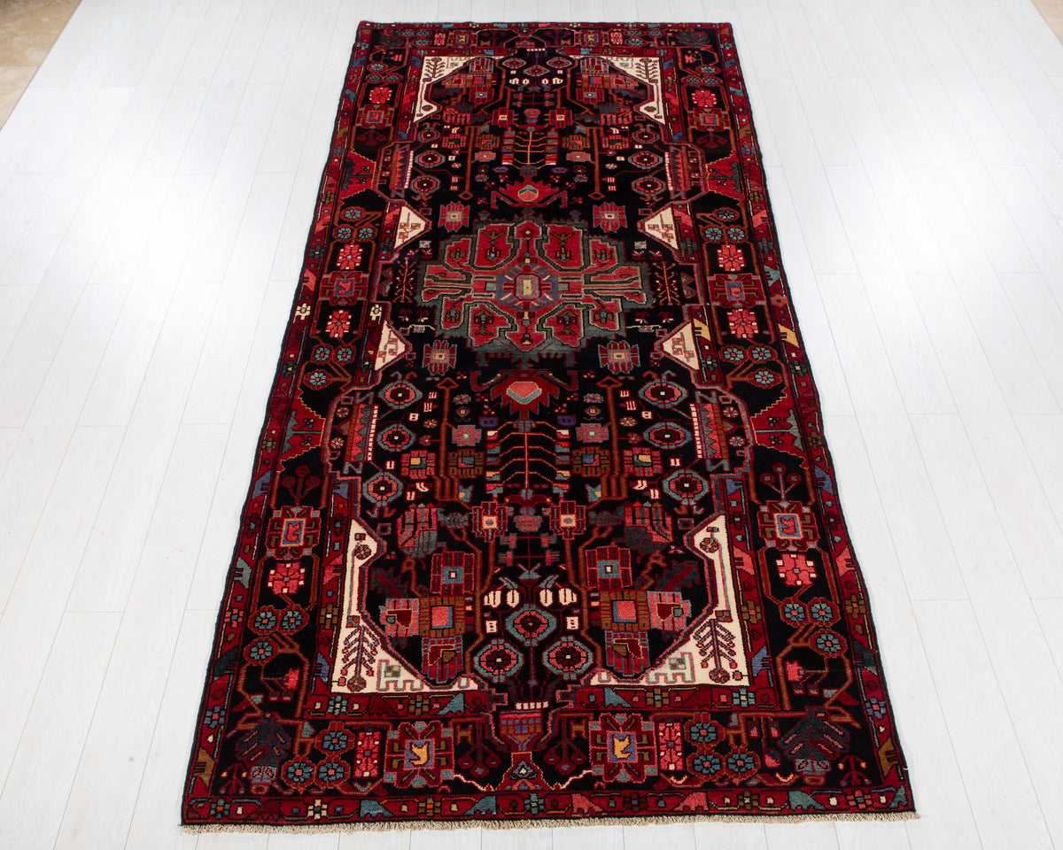 Vintage Nahavand Deep navy blue, red and pink hand-knotted wool rug, SKU 6108