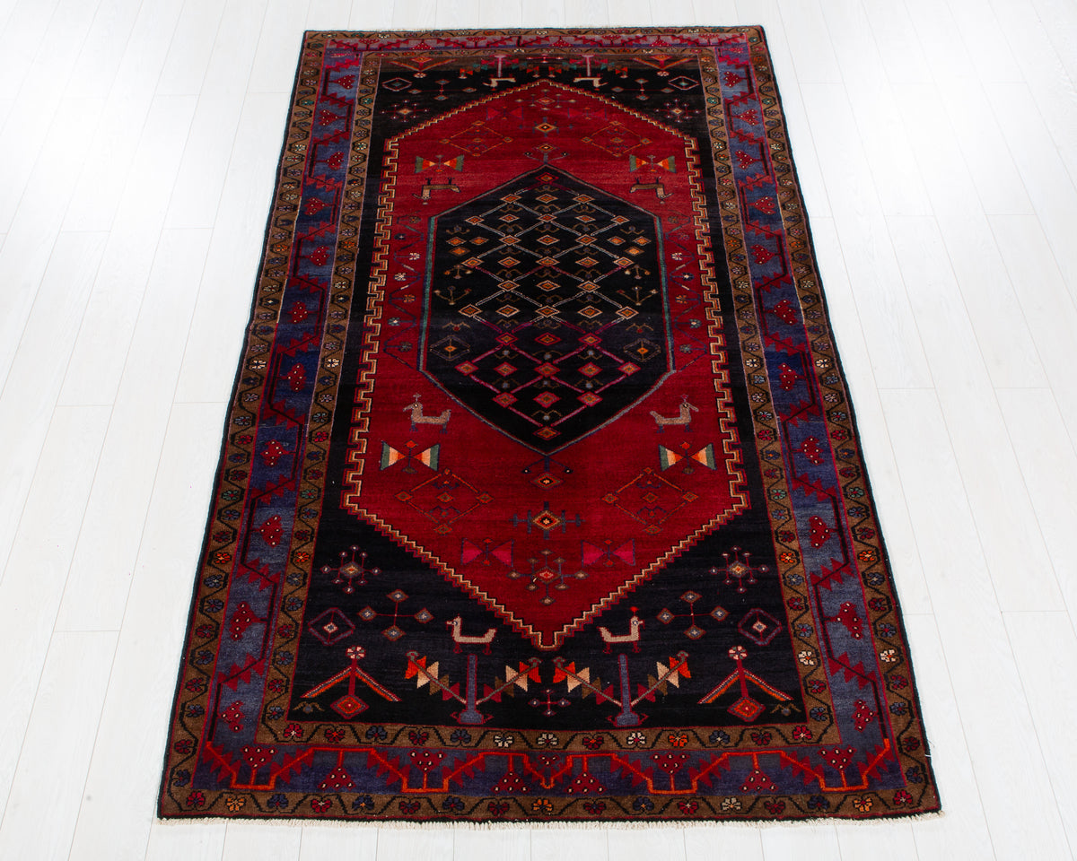 Vintage Zanjan Red, navy blue and blue hand-knotted wool rug, SKU 6109