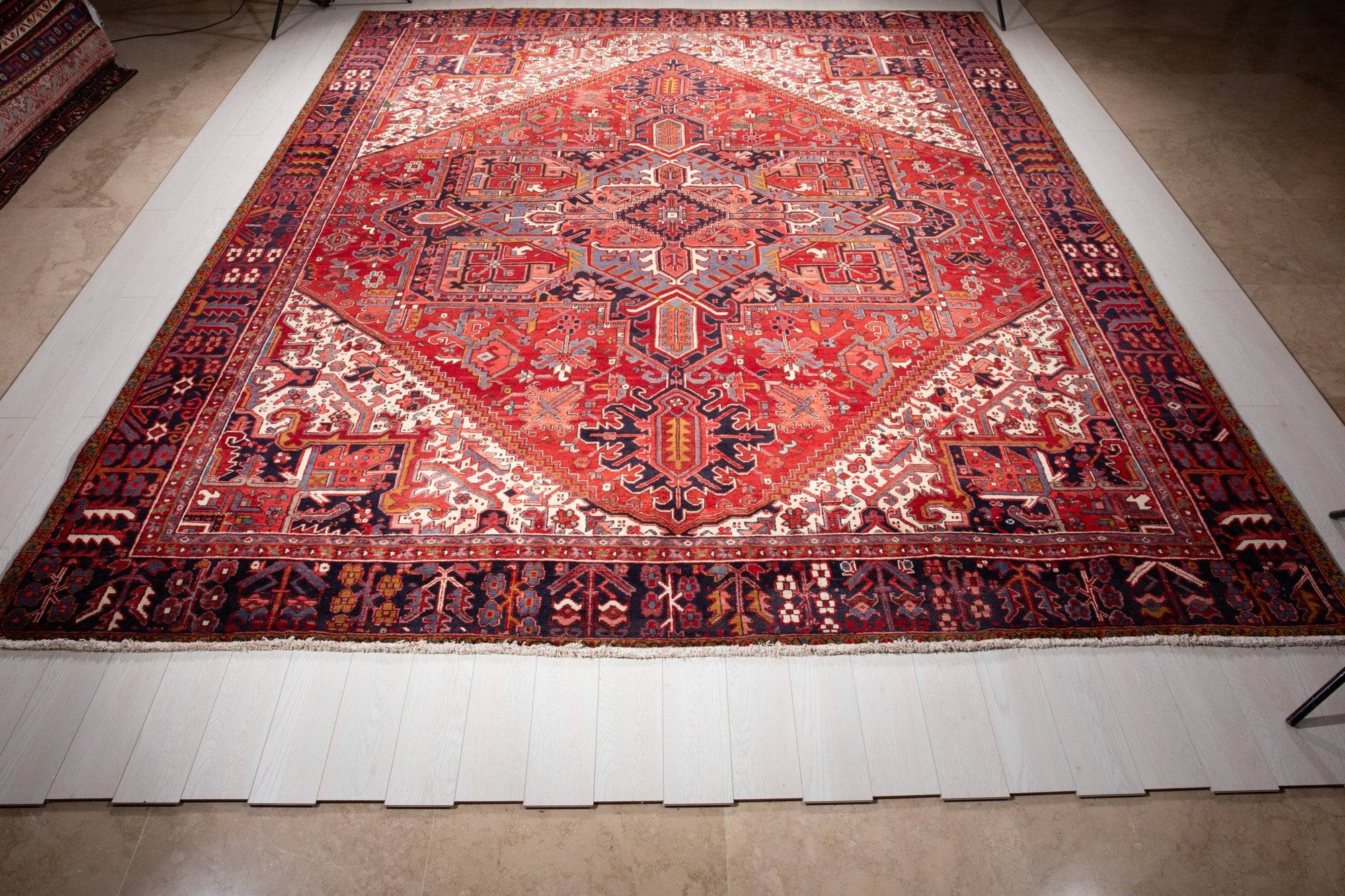 Floor-level straight-on view of the full rug showing its fringe and complete pattern.