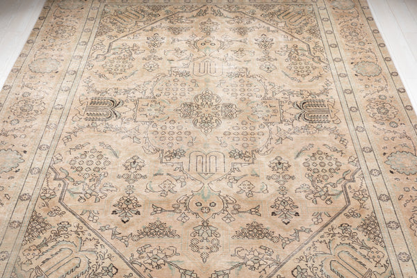 12' 9" x 9' 2" Excellent Hand-Knotted Antique Neutral Faded Large Area Rug