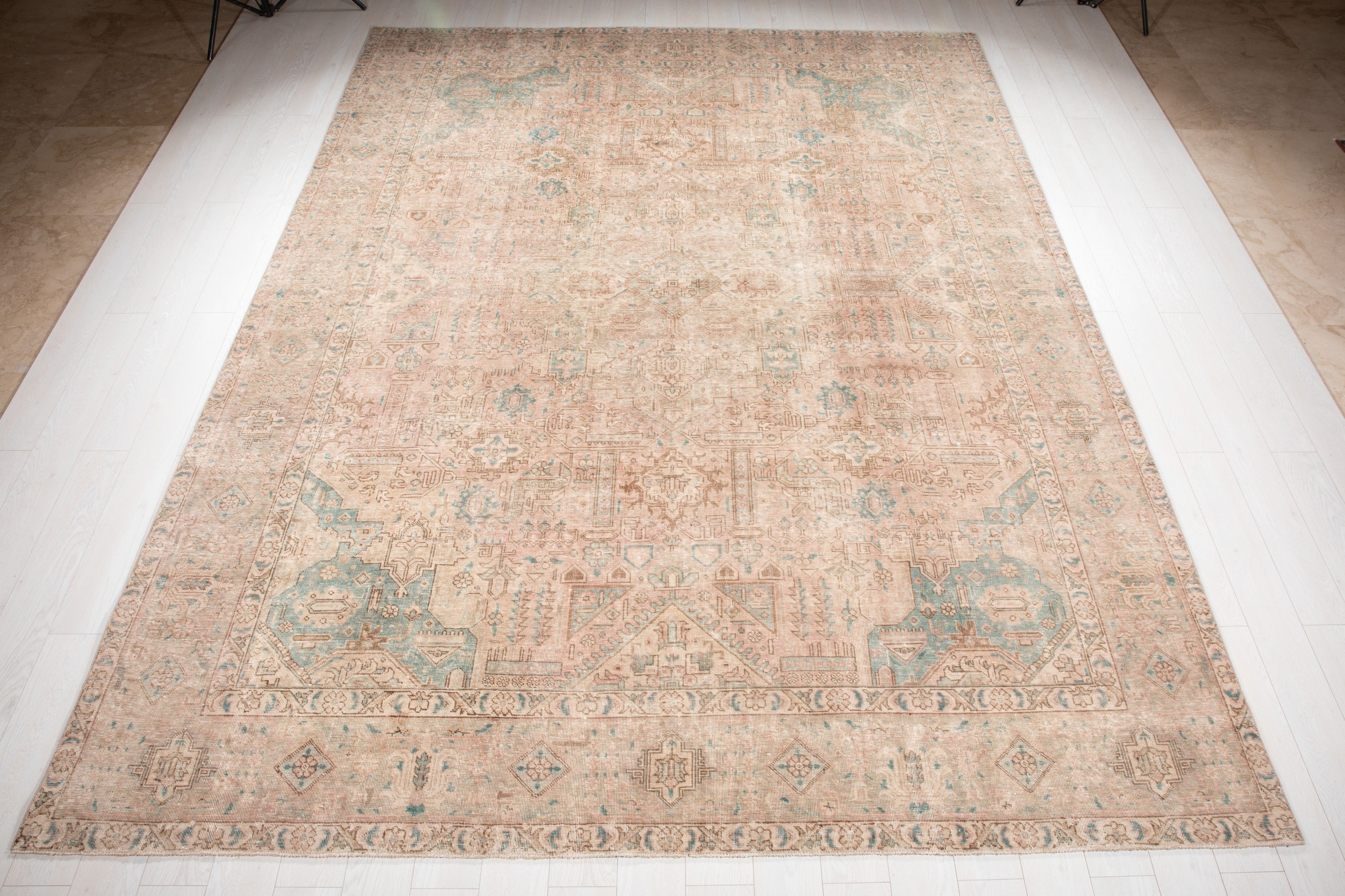 Hand-Knotted Vintage Large Wool Area Rug Faded – 12' 2" x 9' 1" (371 x 278 cm) - Yasi & Fara
