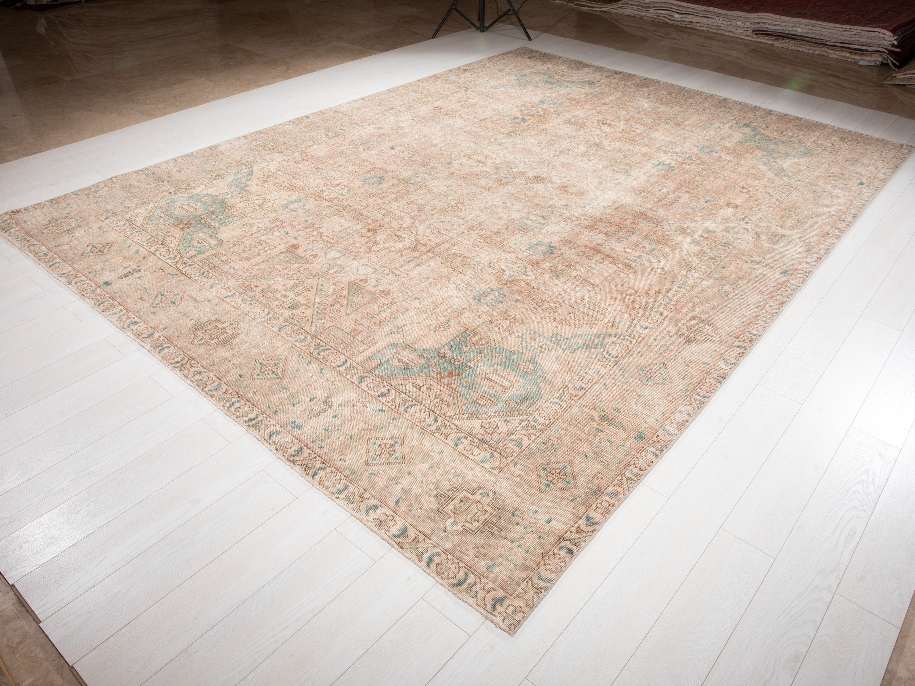 Hand-Knotted Vintage Large Wool Area Rug Faded – 12' 2" x 9' 1" (371 x 278 cm) - Yasi & Fara