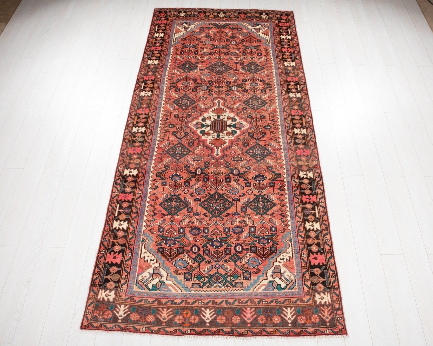 Hand-Knotted Vintage Wool Area Rug – 10' 2" x 4' 7" (311 × 139 cm) - Yasi & Fara