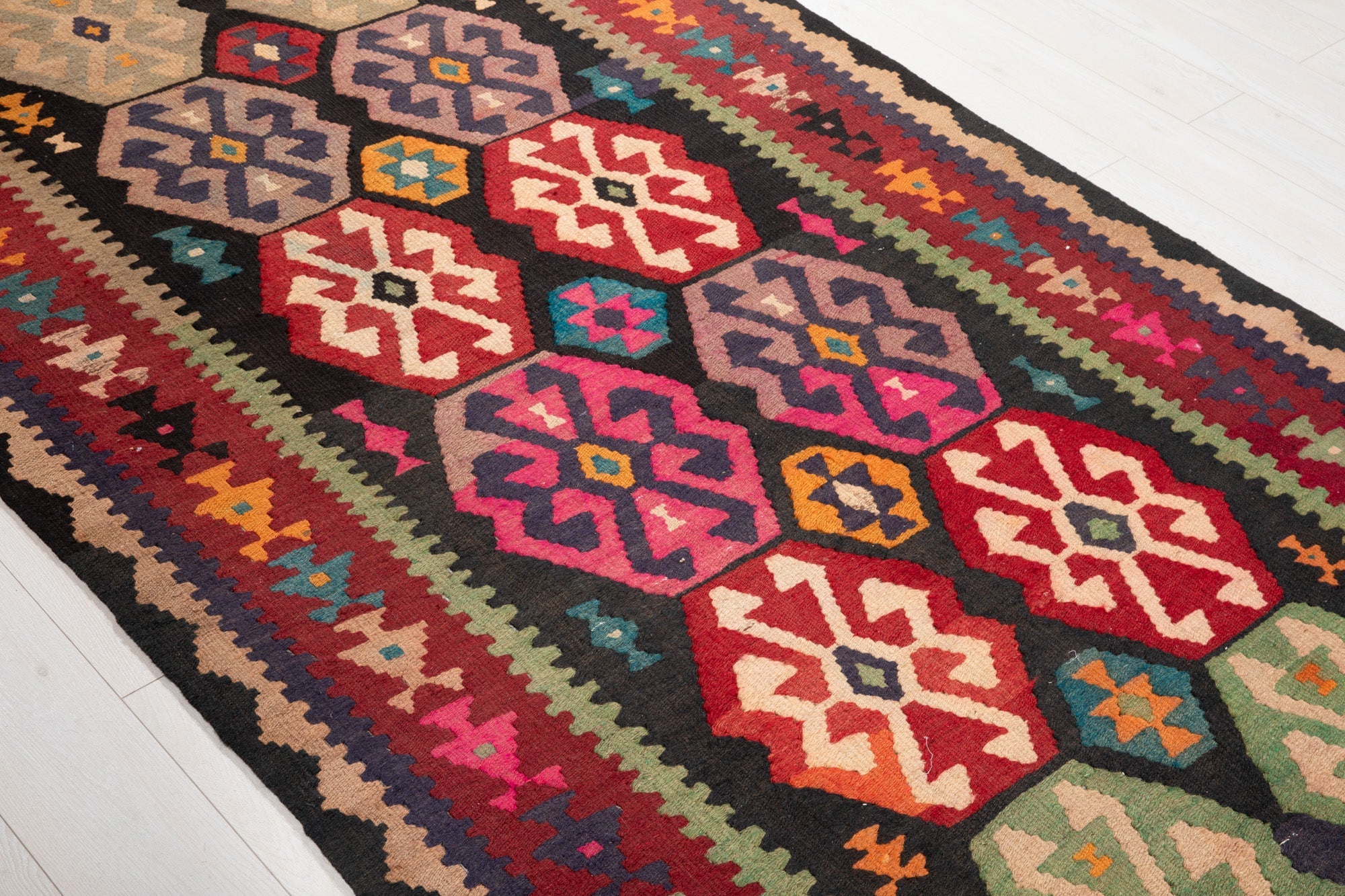 Handwoven Vintage Wool Kilim Rug – 11' 5" x 4' 9" (349 x 146 cm) - Yasi & Fara