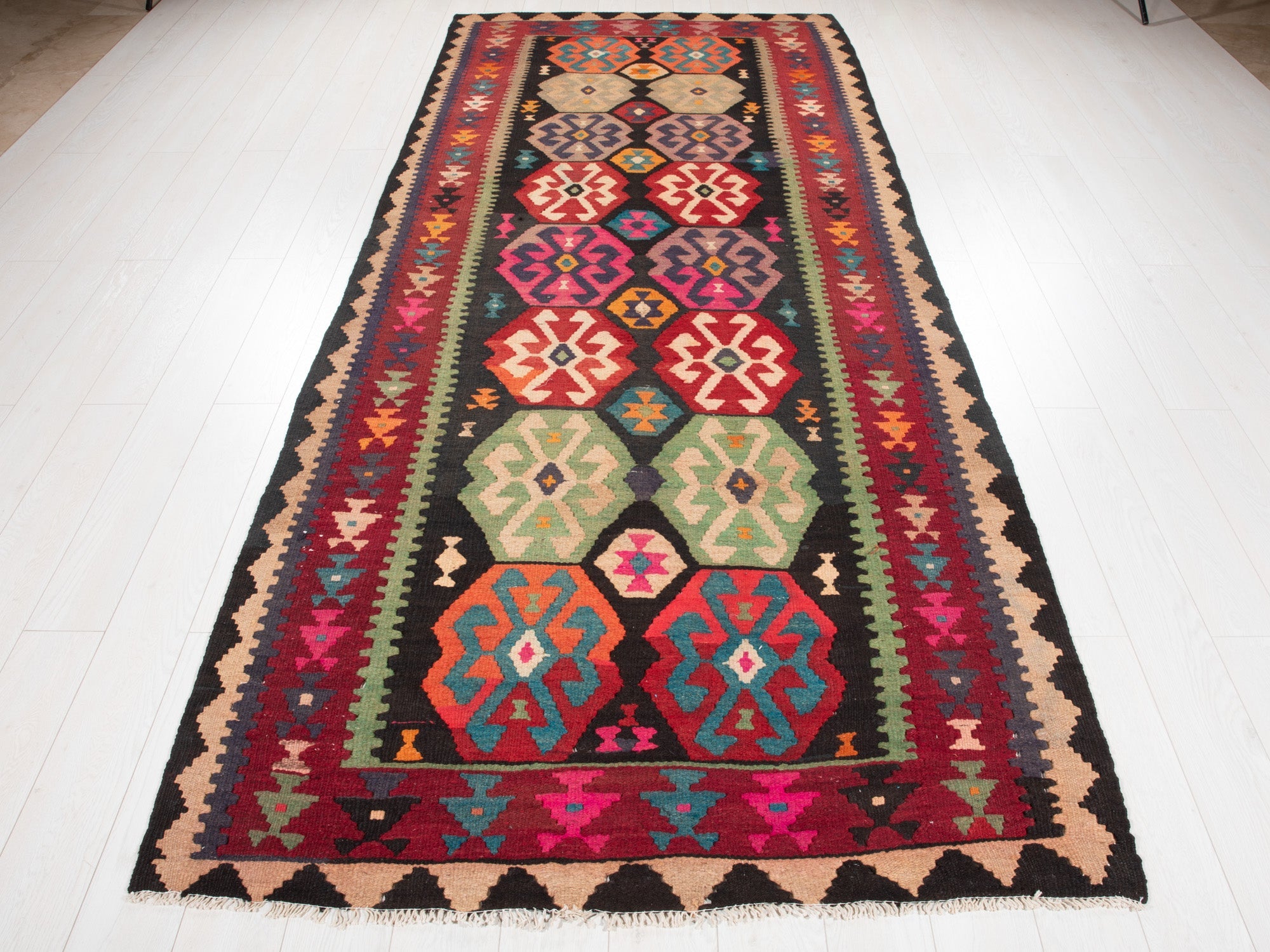 Handwoven Vintage Wool Kilim Rug – 11' 5" x 4' 9" (349 x 146 cm) - Yasi & Fara