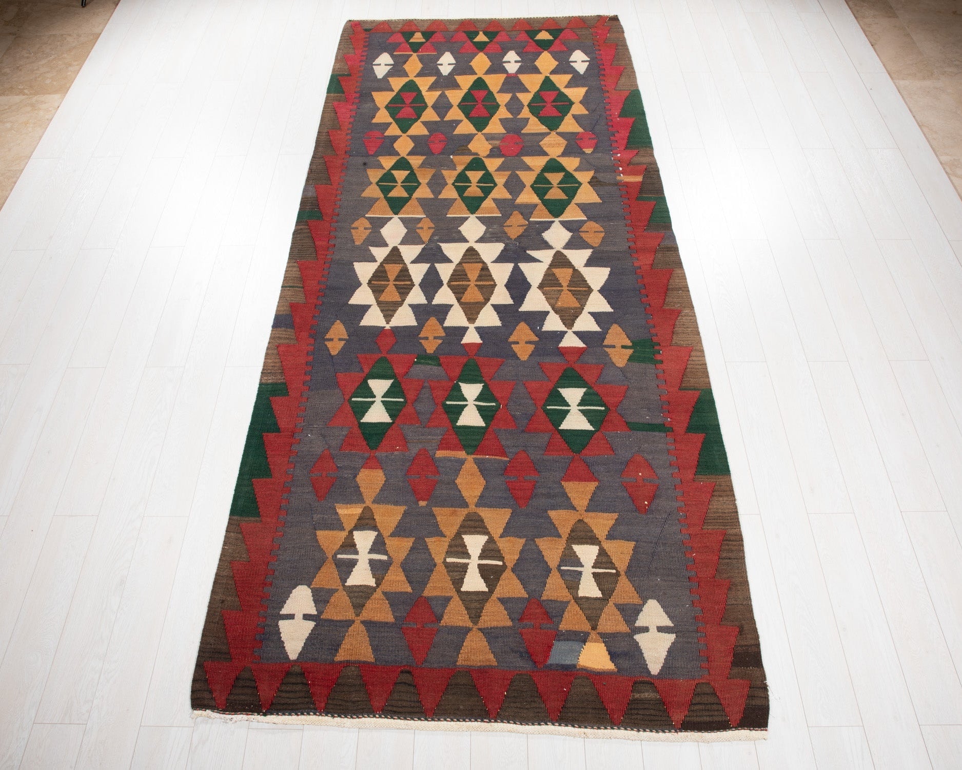 Handwoven Vintage Wool Kilim Rug – 11' 9" x 4' 9" (357 x 145 cm) - Yasi & Fara