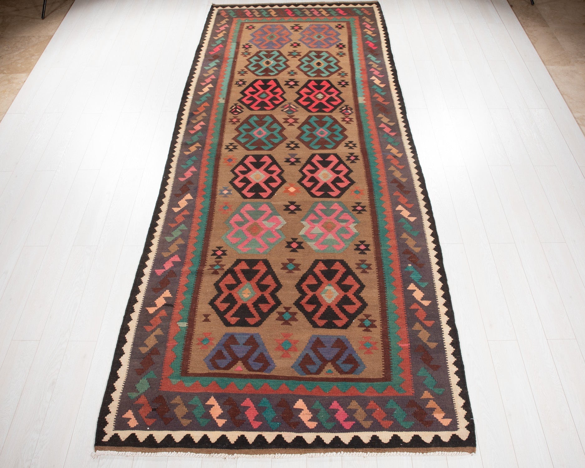 Handwoven Vintage Wool Kilim Rug – 13' x 5' 4" (395 x 162 cm) - Yasi & Fara