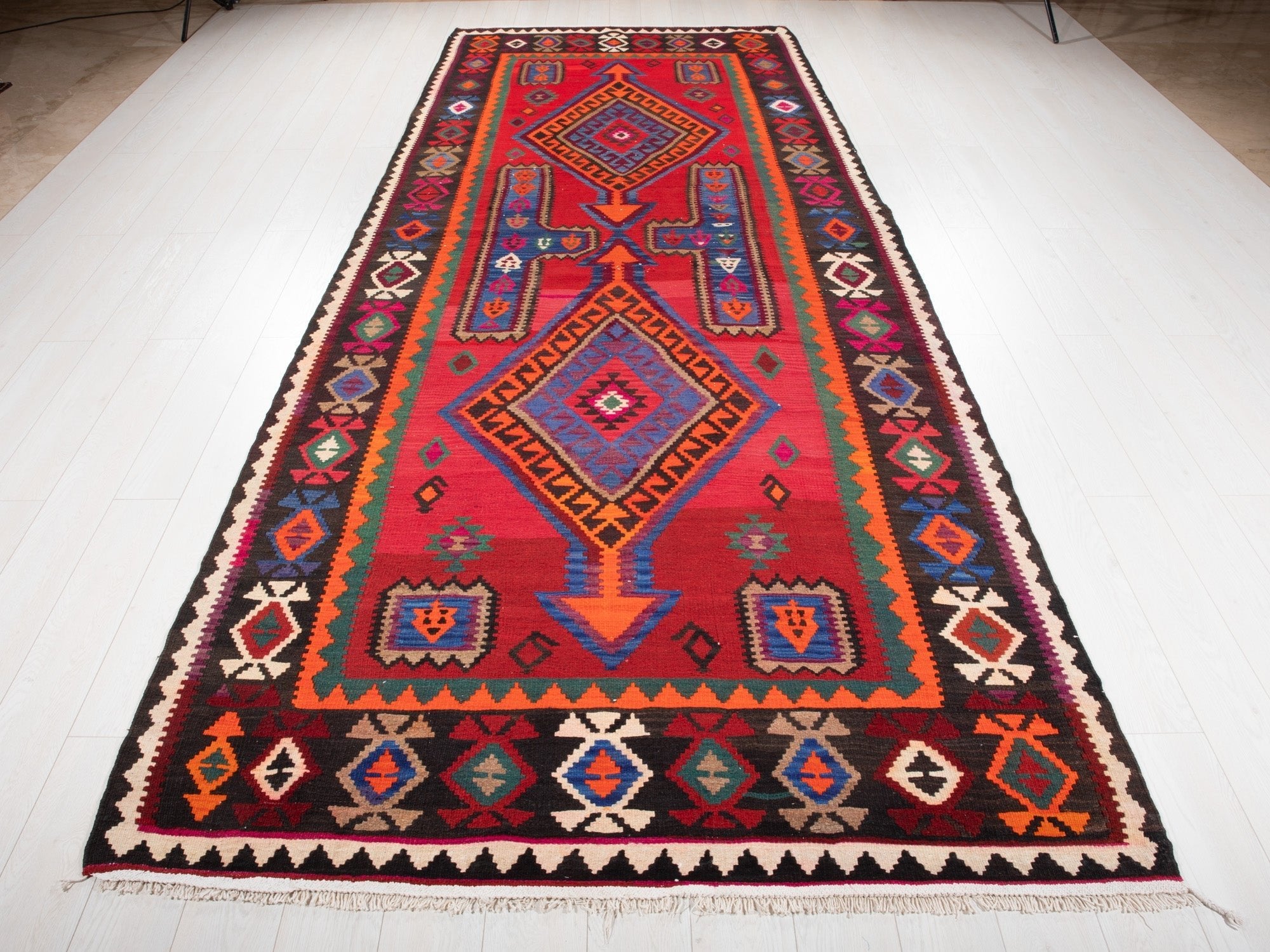 Handwoven Vintage Wool Kilim Rug – 13' 3" x 5' 2" (404 x 156 cm) - Yasi & Fara
