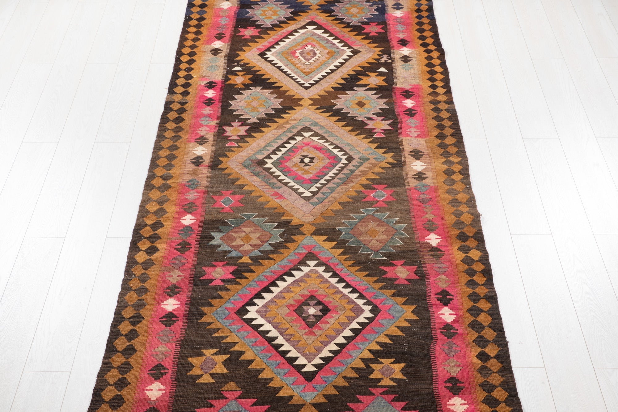 Handwoven Vintage Wool Kilim Runner Rug – 14' x 4' 2" (427 x 128 cm) - Yasi & Fara